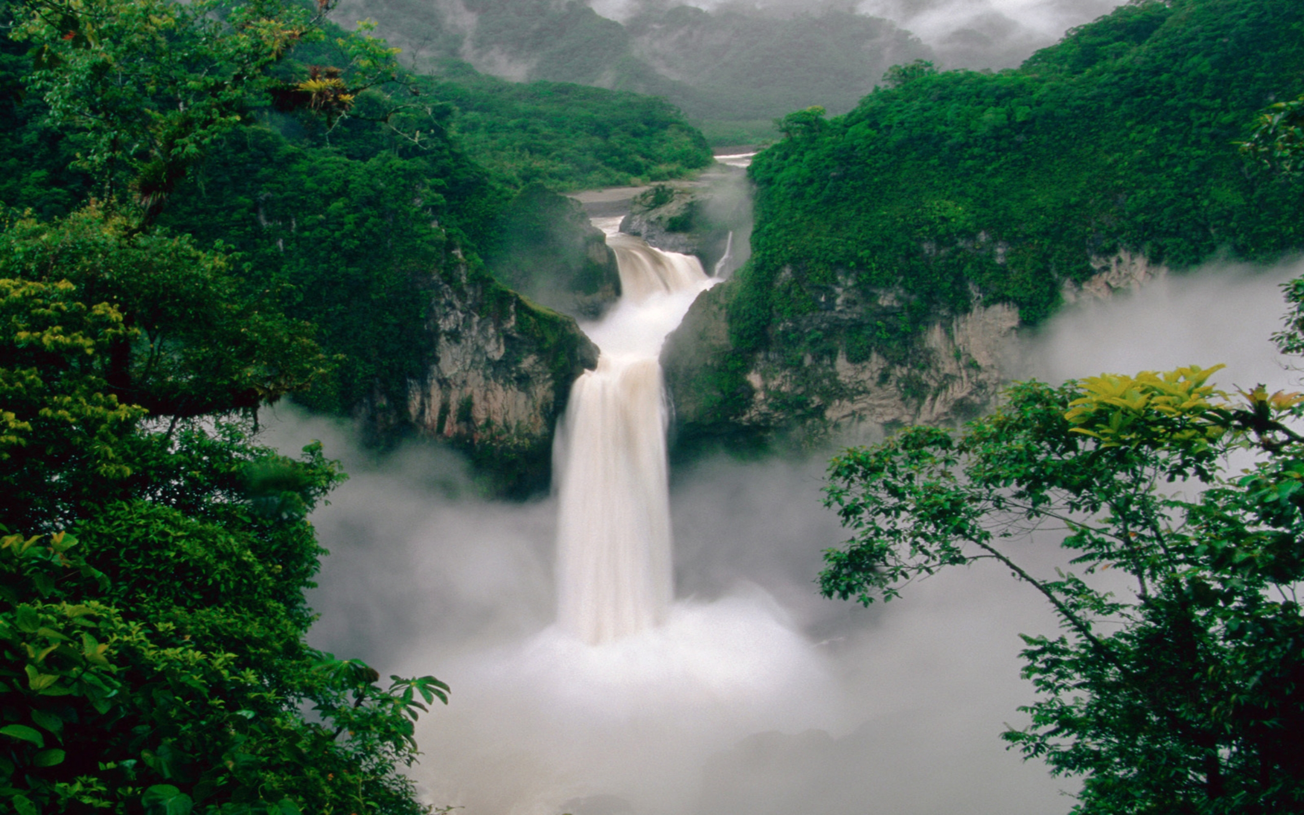 Download mobile wallpaper Nature, Waterfalls, Waterfall, Forest, Tree, Earth, Greenery for free.