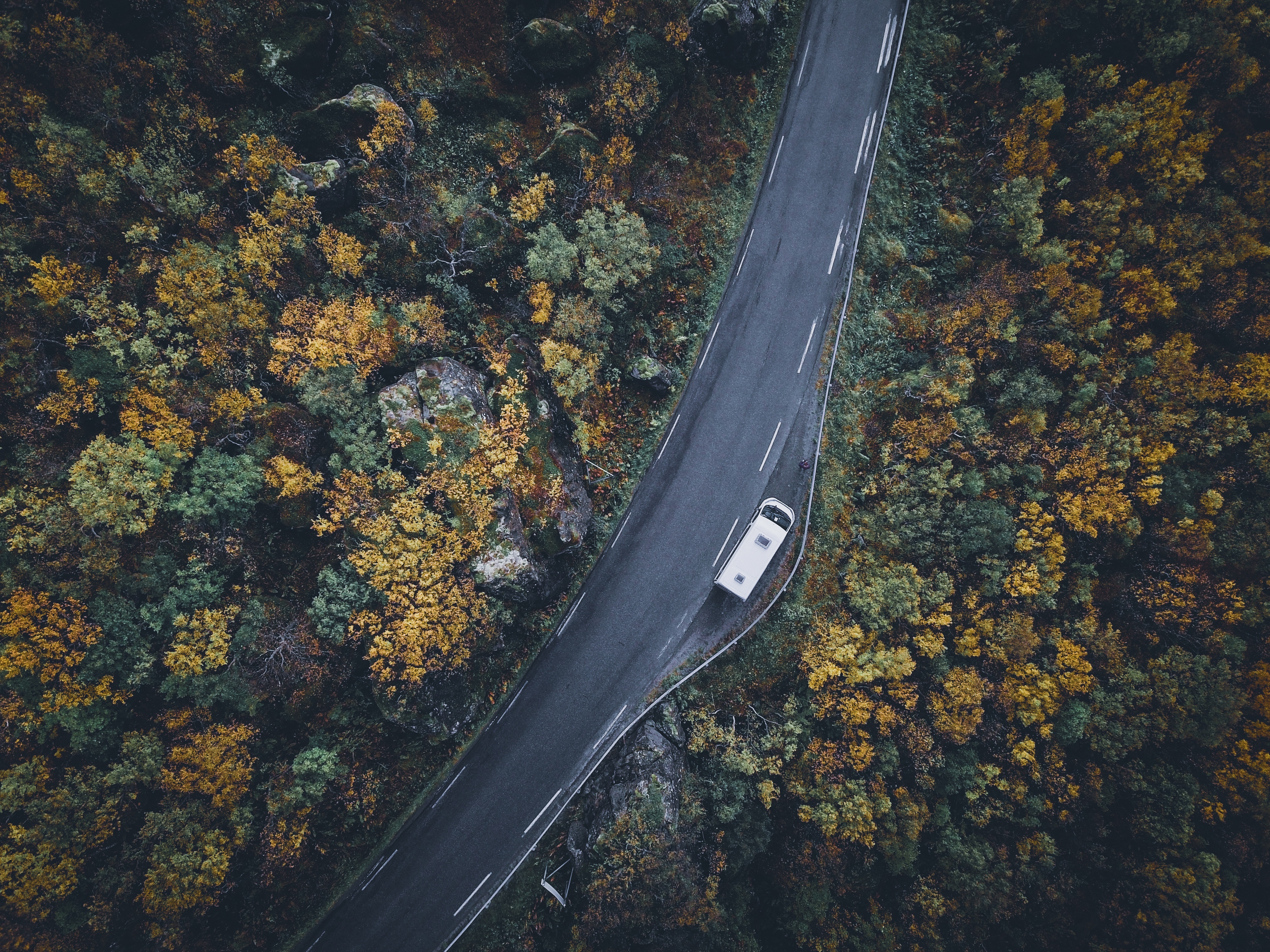 Download mobile wallpaper View From Above, Trees, Road, Nature, Car, Autumn for free.