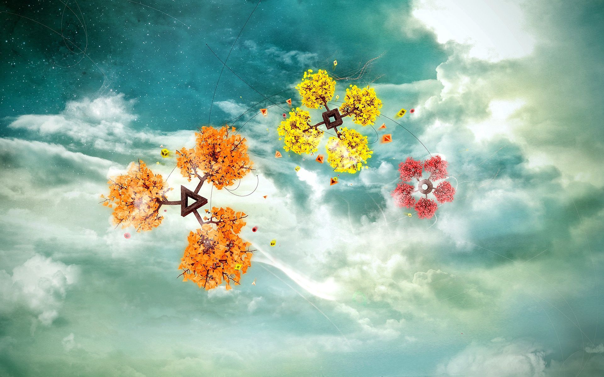 Free download wallpaper Flowers, Sky, Branch, Flight, Clouds, Abstract on your PC desktop