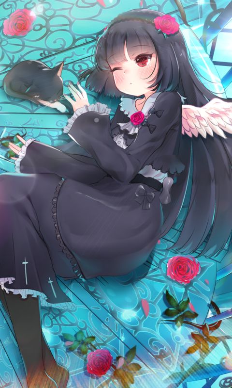 Download mobile wallpaper Anime, Gothic, Cat, Rose, Stairs, Wings, Headband, Blush, Red Eyes, Black Hair, Black Dress, Pantyhose, Ruri Gokō, Oreimo for free.
