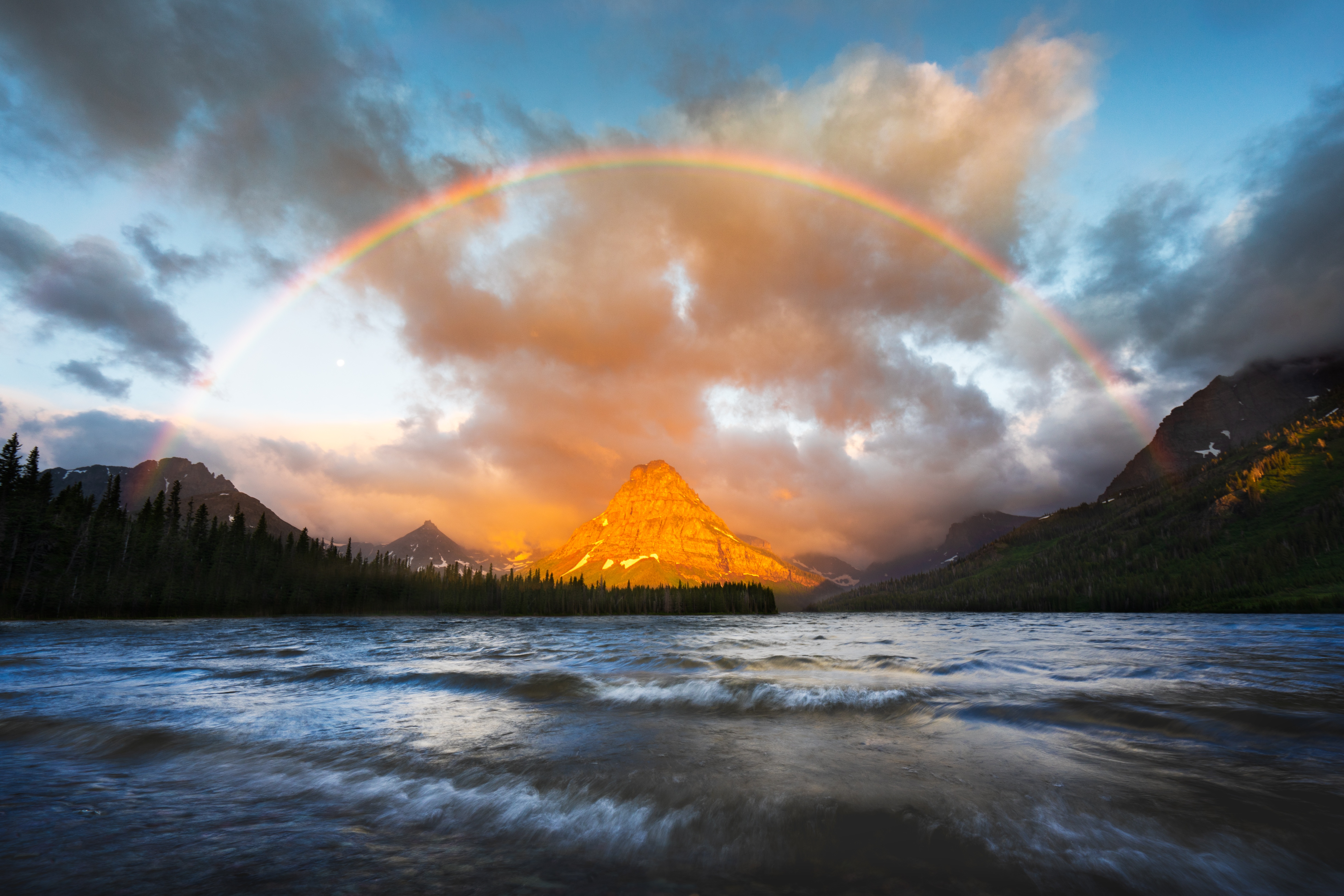 Download mobile wallpaper Nature, Rainbow, Mountain, Lake, Earth for free.