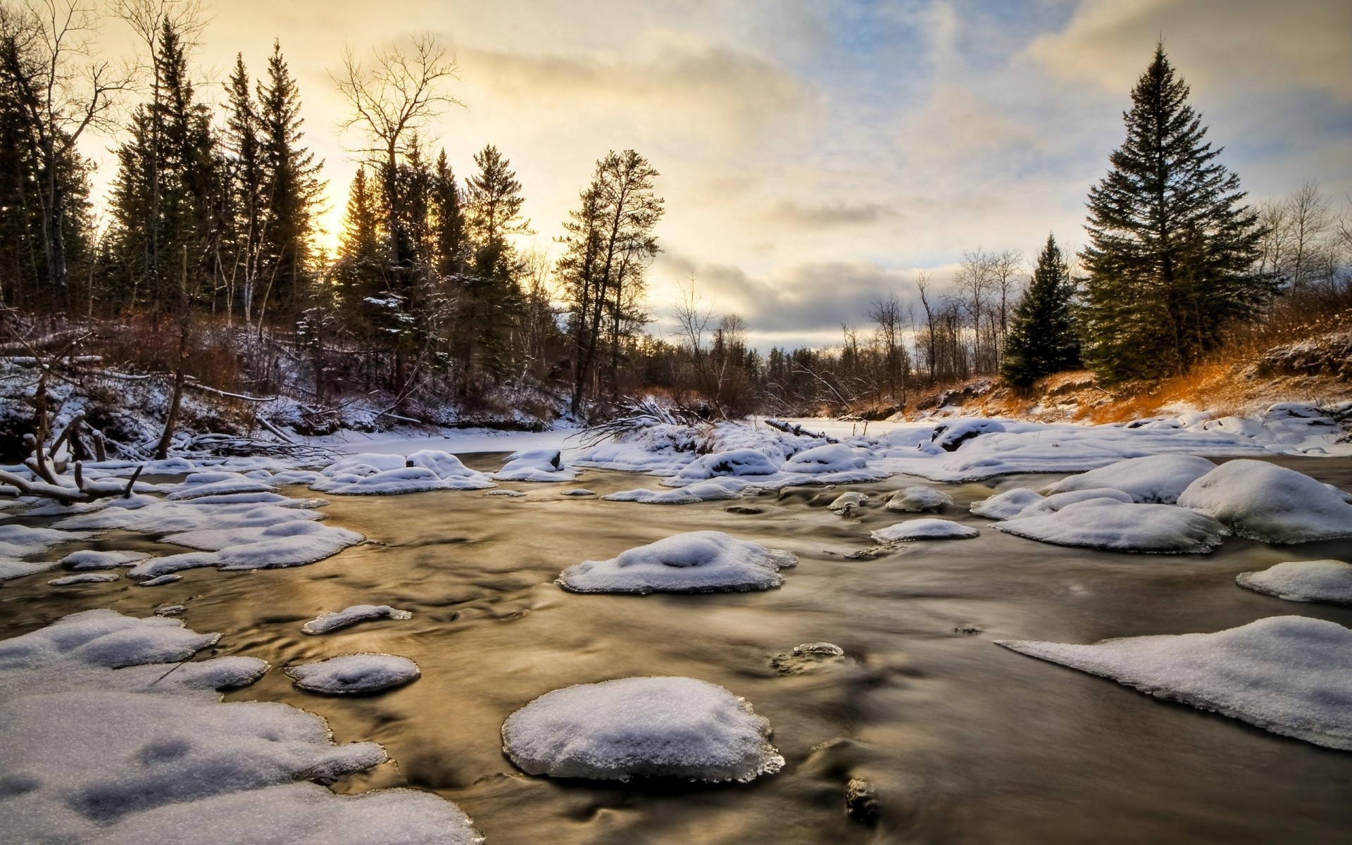 Скачать картинку Река, Снег, Деревья, Зима, Пейзаж в телефон бесплатно.