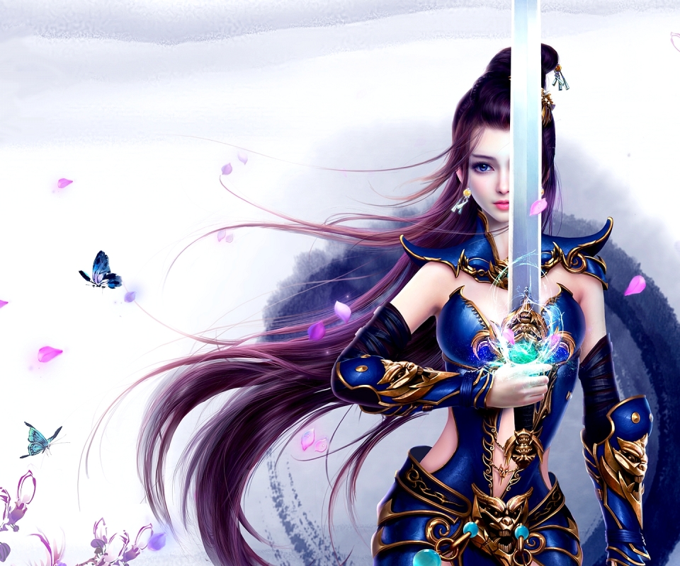 Free download wallpaper Fantasy, Butterfly, Sword, Blue Eyes, Long Hair, Women Warrior, Purple Hair on your PC desktop