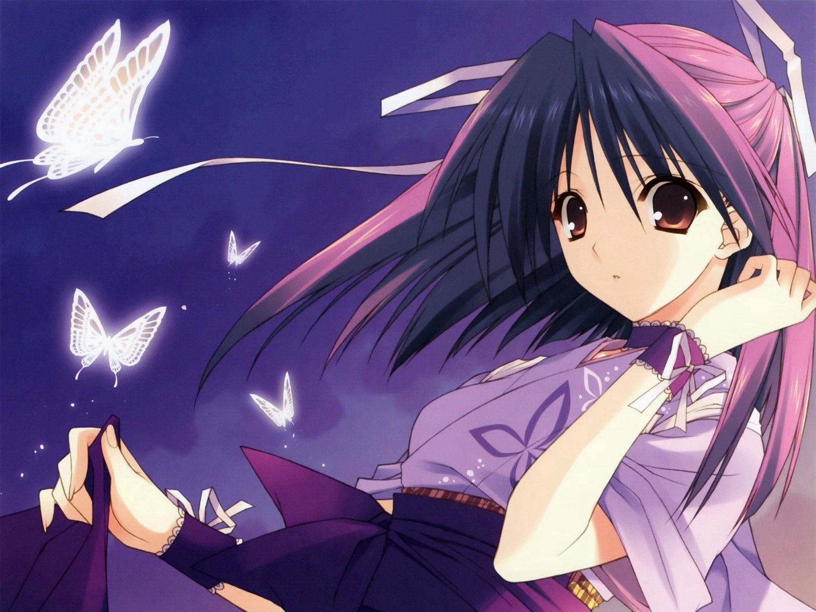 Free download wallpaper Girl, Brunette, Butterflies, Kimono, Anime on your PC desktop