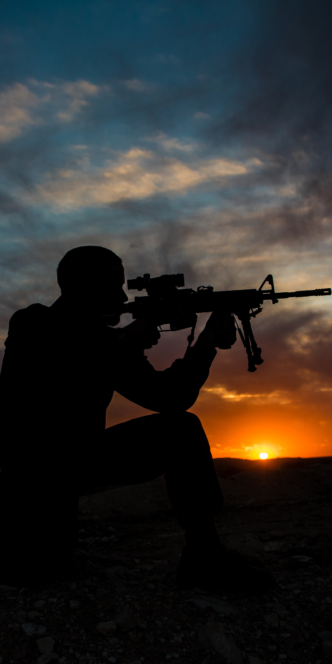 Download mobile wallpaper Sunset, Silhouette, Military, Soldier, Gun for free.