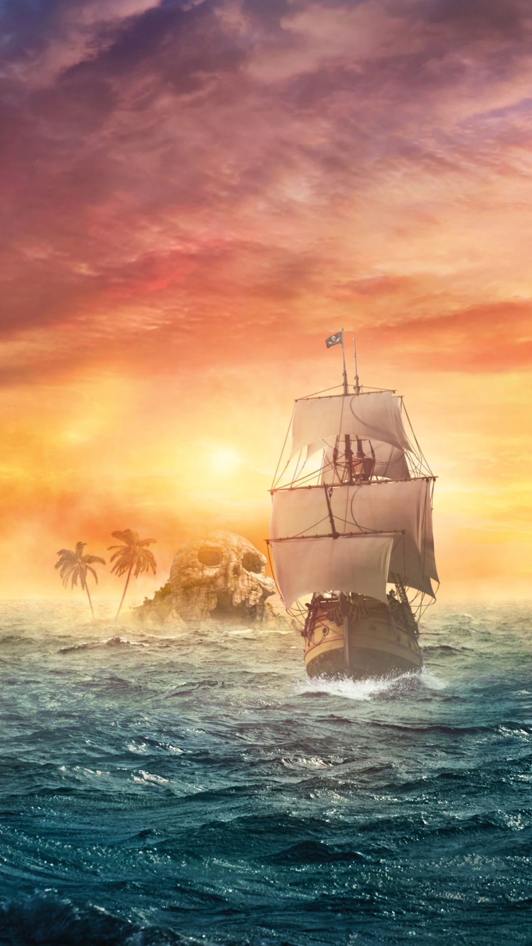 Download mobile wallpaper Fantasy, Sunset, Ship, Skull, Pirate Ship for free.