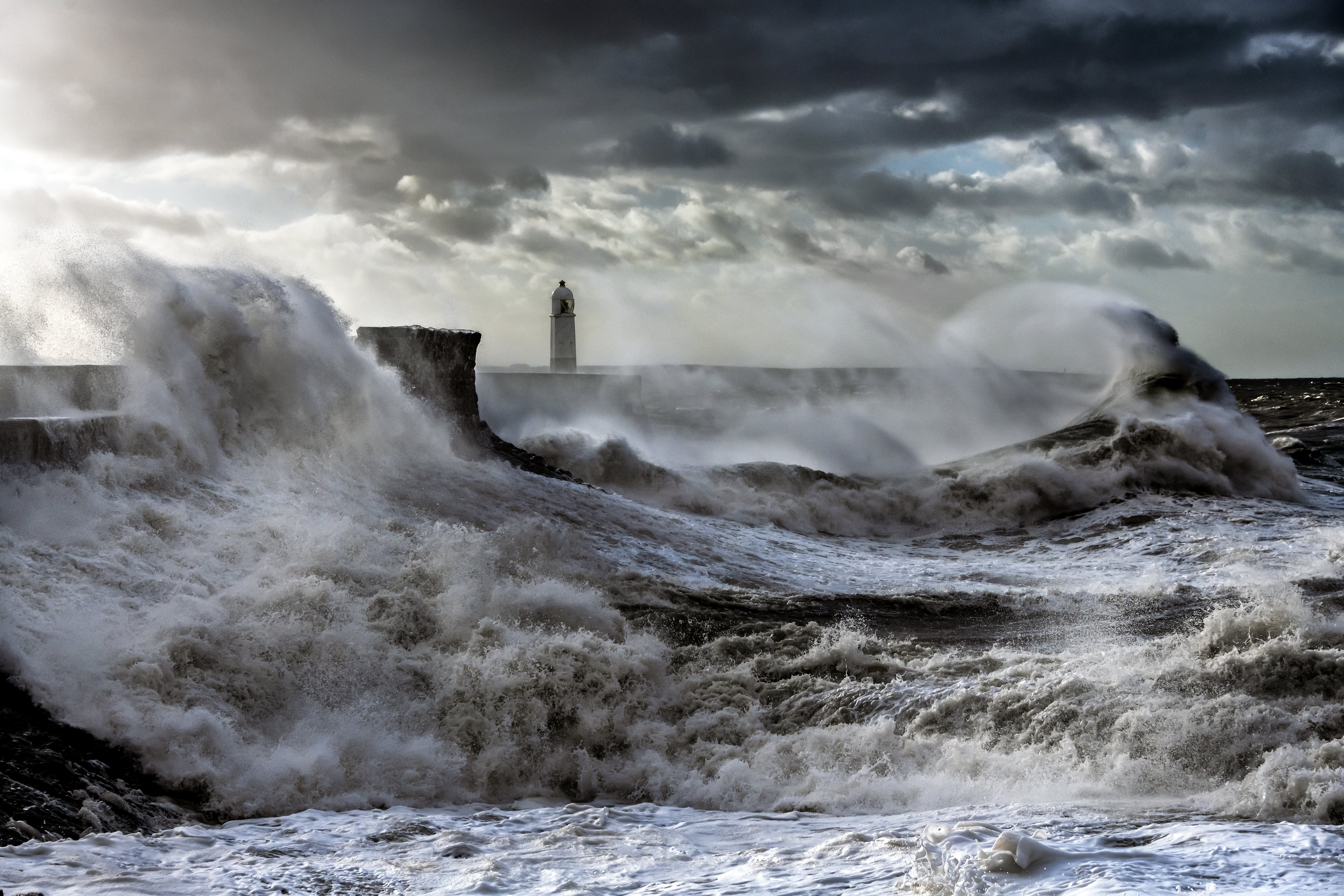 waves, lighthouse, storm, nature, sea, spray