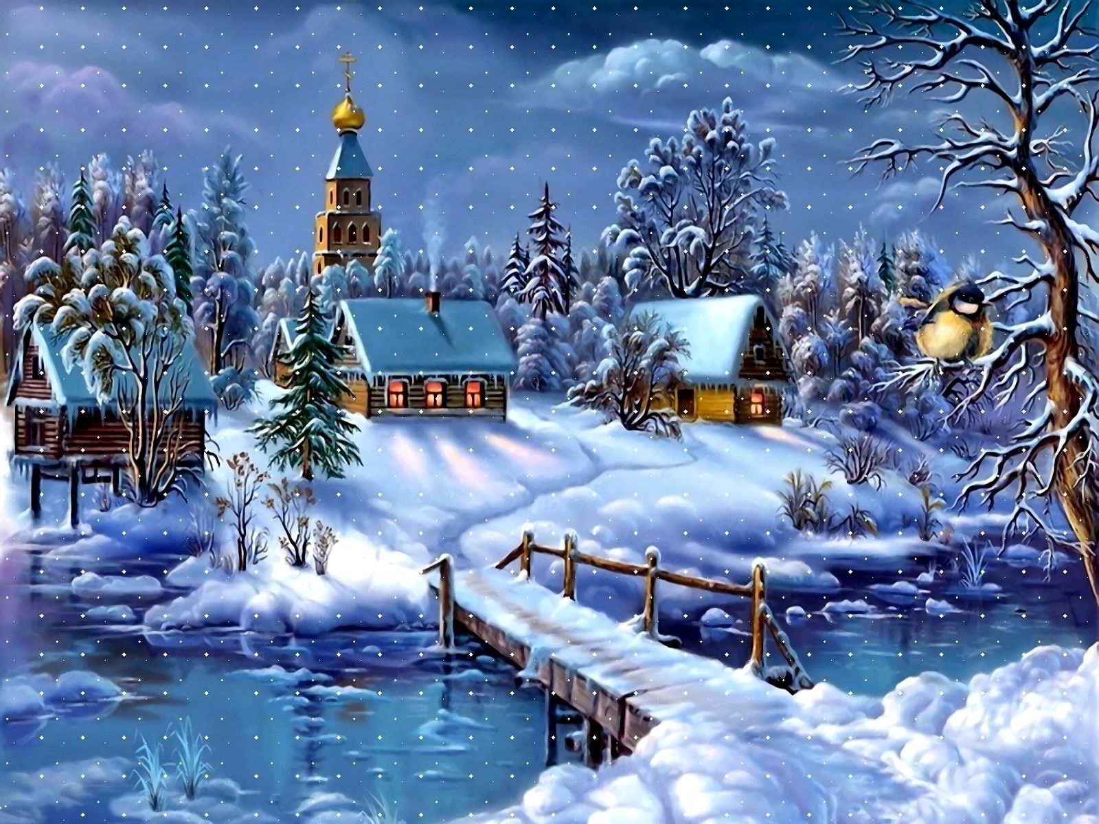 208250 завантажити картинку будинок, сніг, художній, зима, міст, церква, пейзаж - шпалери і заставки безкоштовно