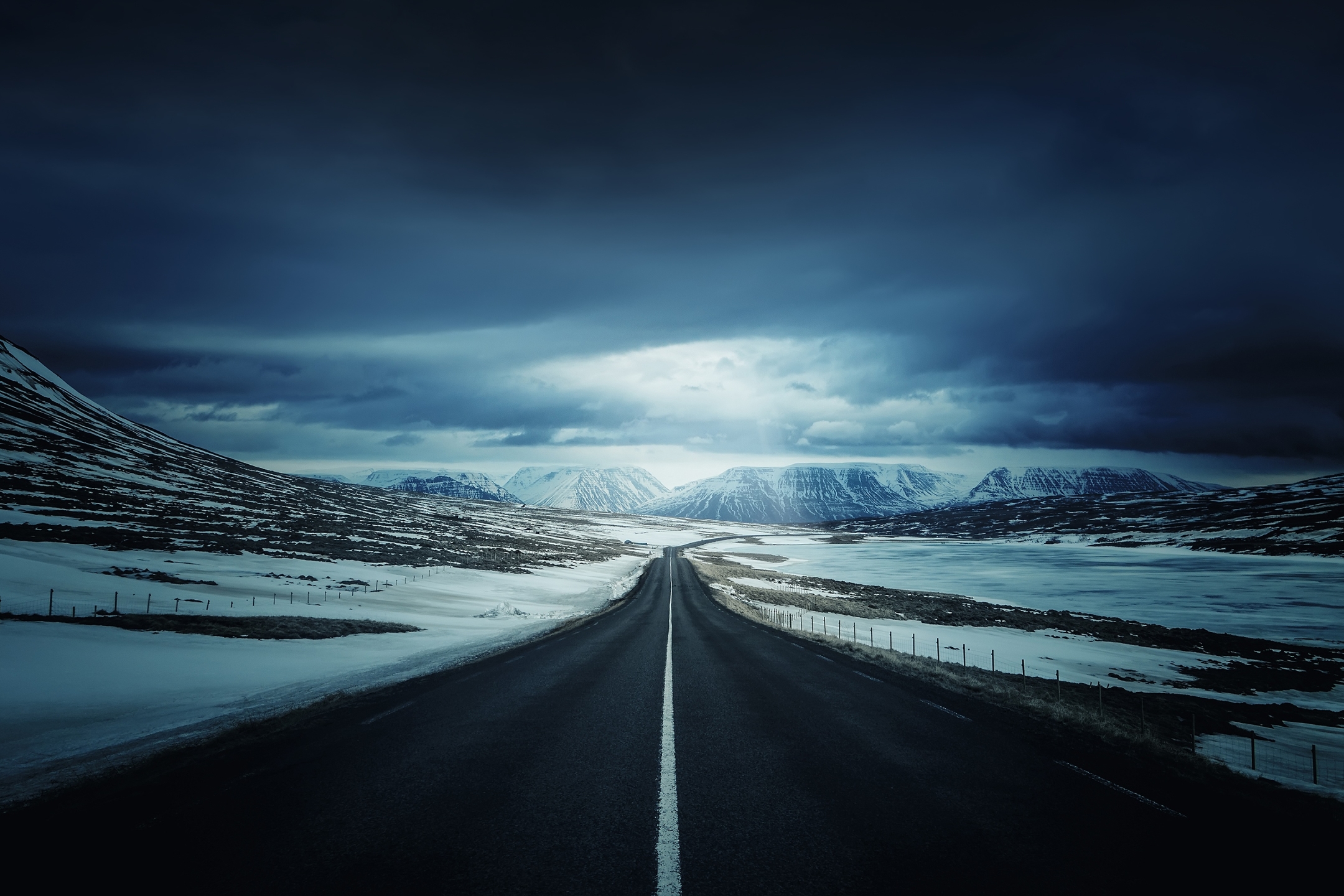 Download mobile wallpaper Winter, Night, Snow, Mountain, Road, Man Made for free.