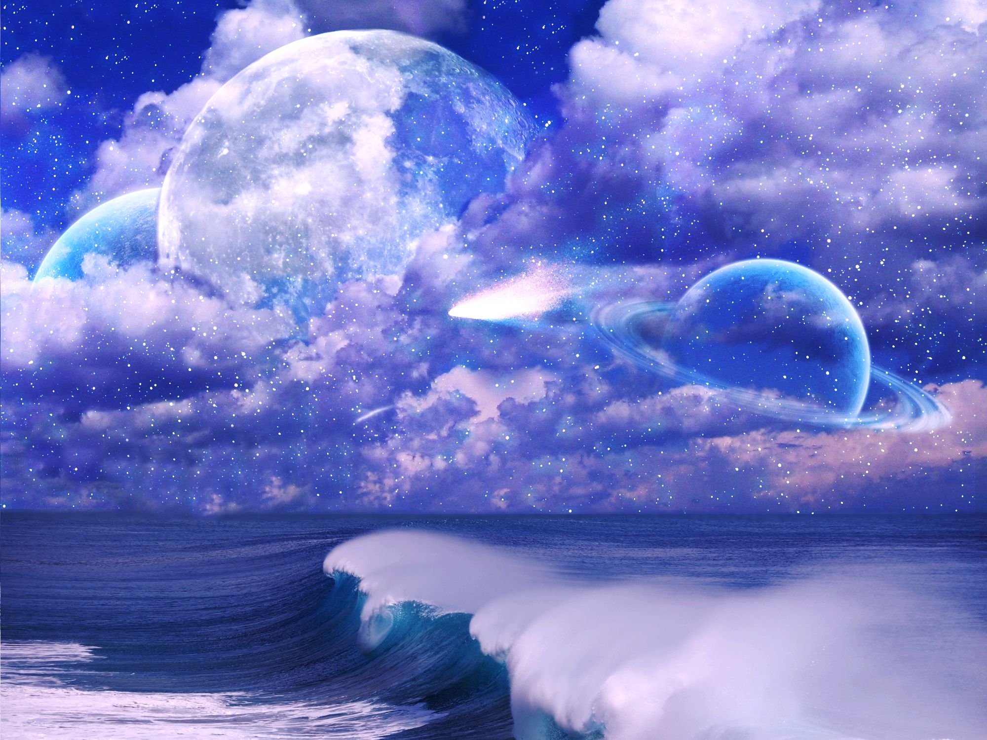 Download mobile wallpaper Fantasy, Stars, Ocean, Planet, Cloud, Wave for free.