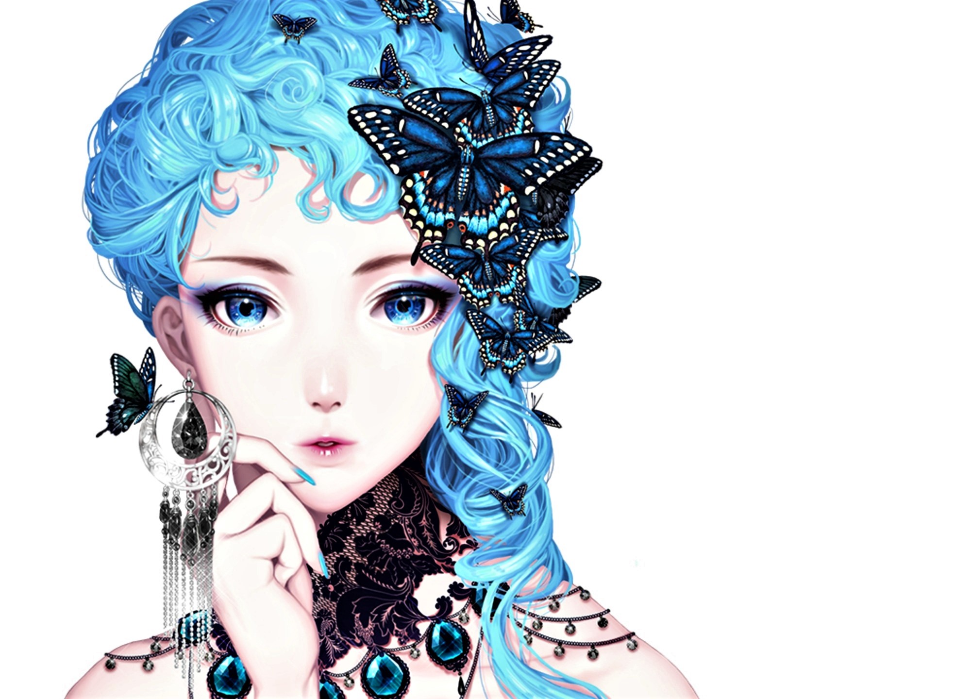 Download mobile wallpaper Fantasy, Butterfly, Face, Women, Blue Eyes, Blue Hair for free.