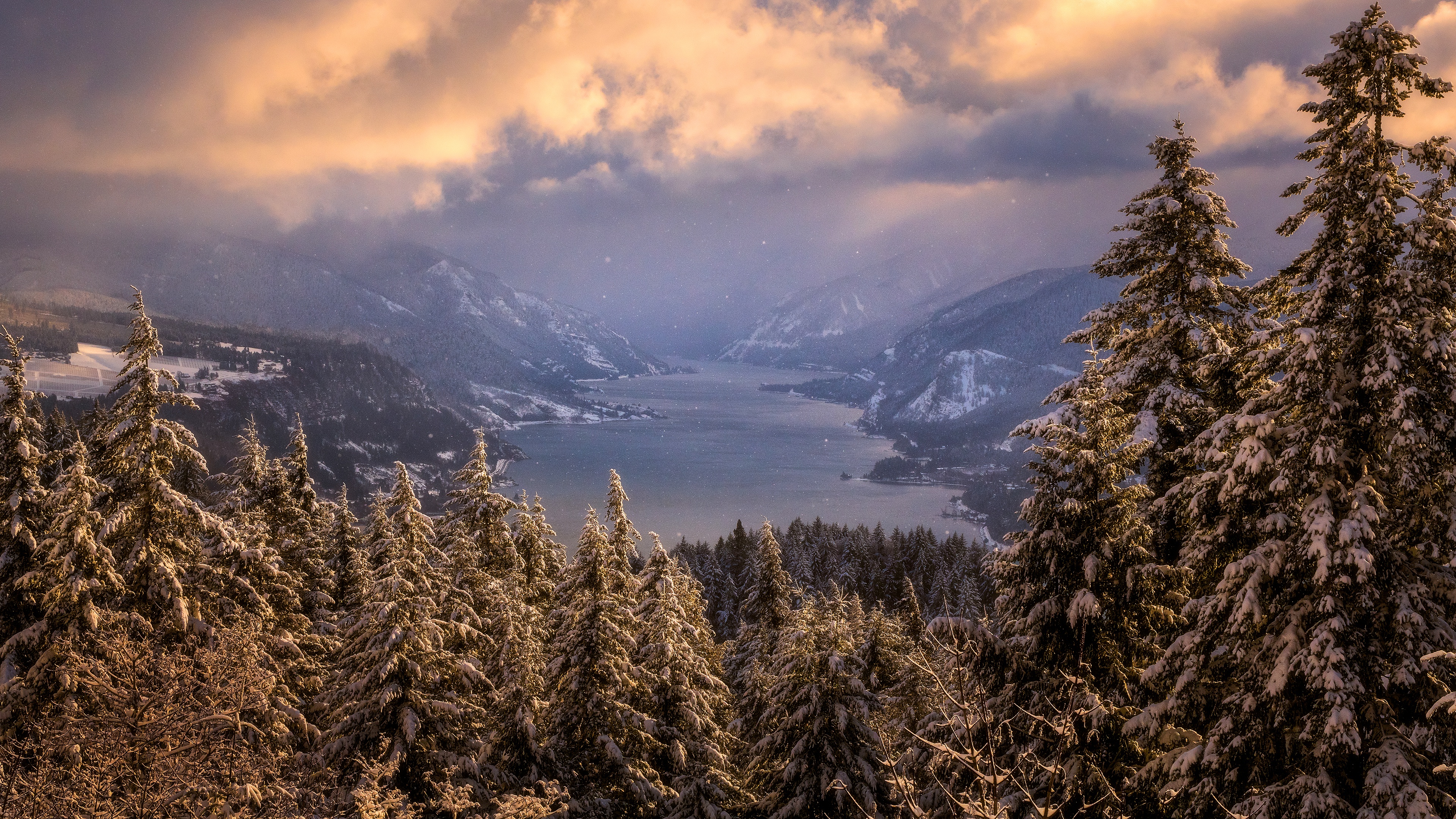 Handy-Wallpaper Winter, Schnee, Wald, Nebel, Fichte, Gebirge, Teich, Wolke, Erde/natur kostenlos herunterladen.