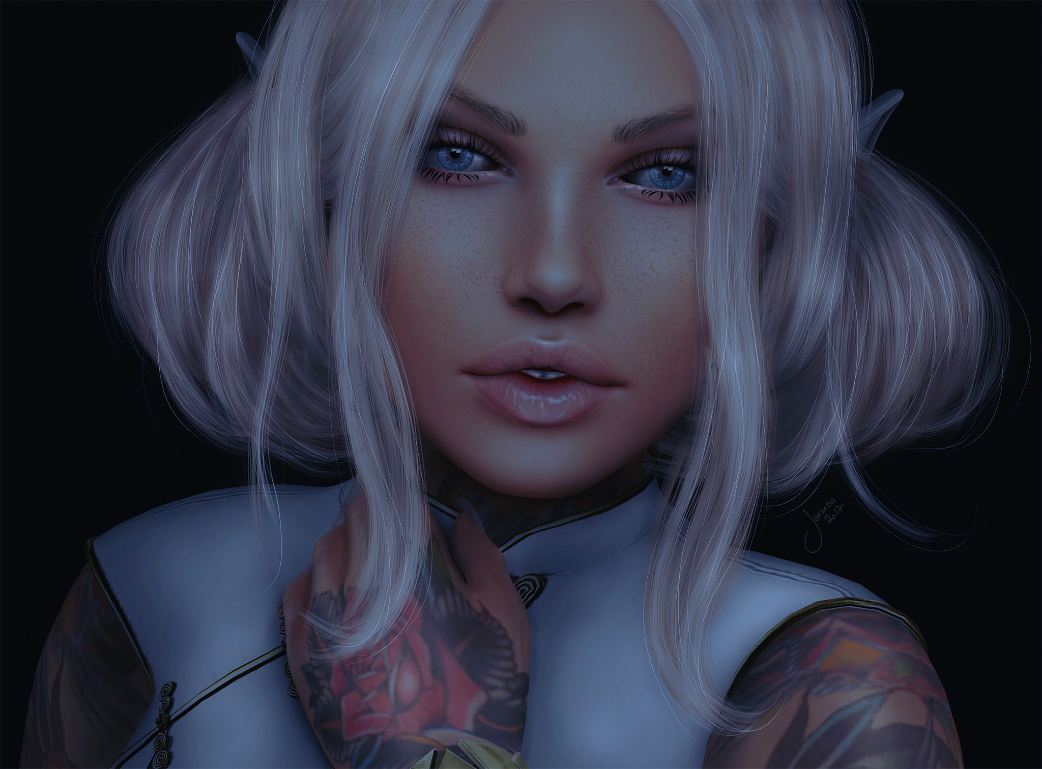 Free download wallpaper Fantasy, Tattoo, Face, Elf, Blue Eyes, Pointed Ears, White Hair on your PC desktop