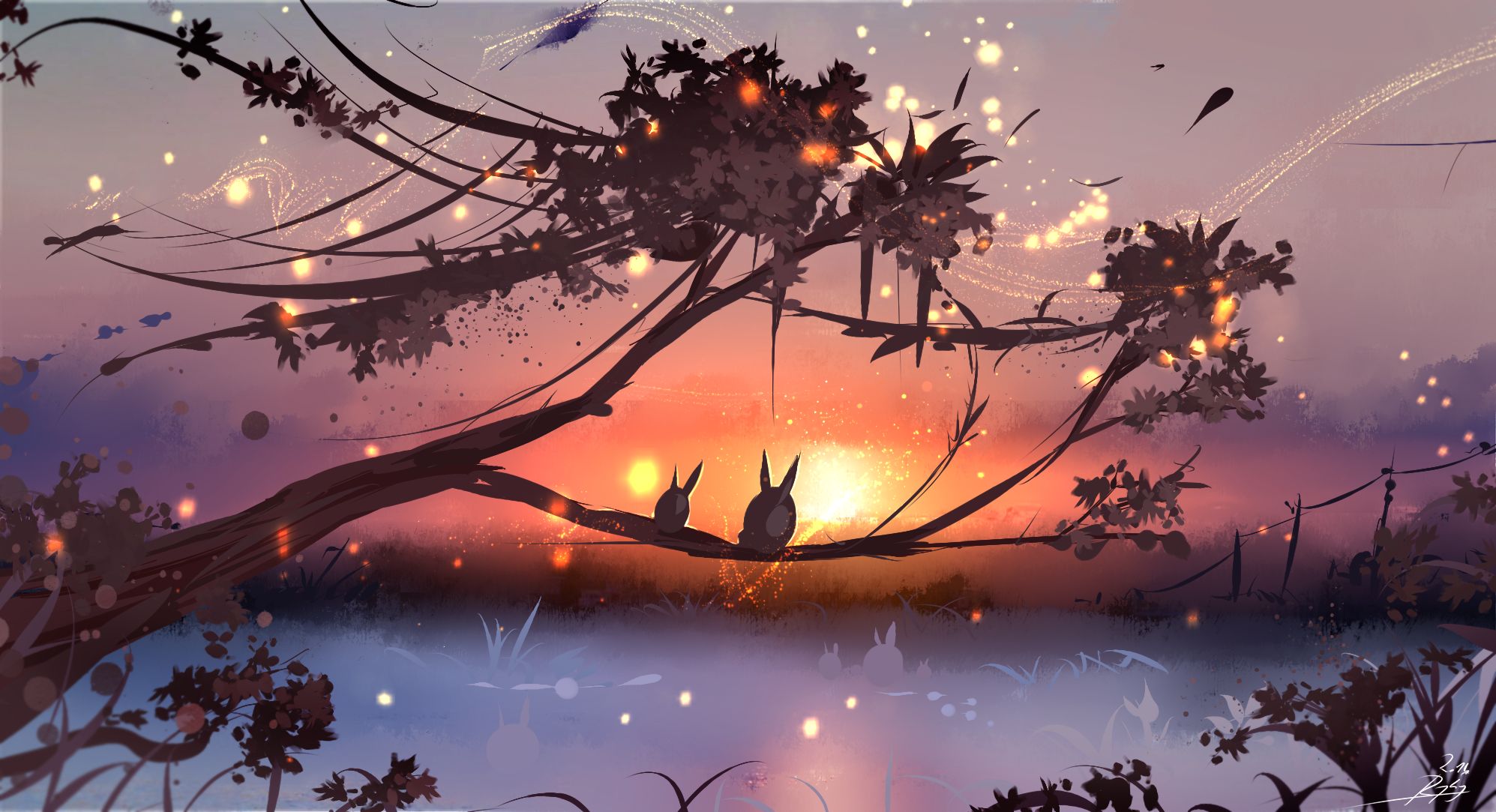 Download mobile wallpaper Anime, Sunset, Tree, Original, Bunny for free.