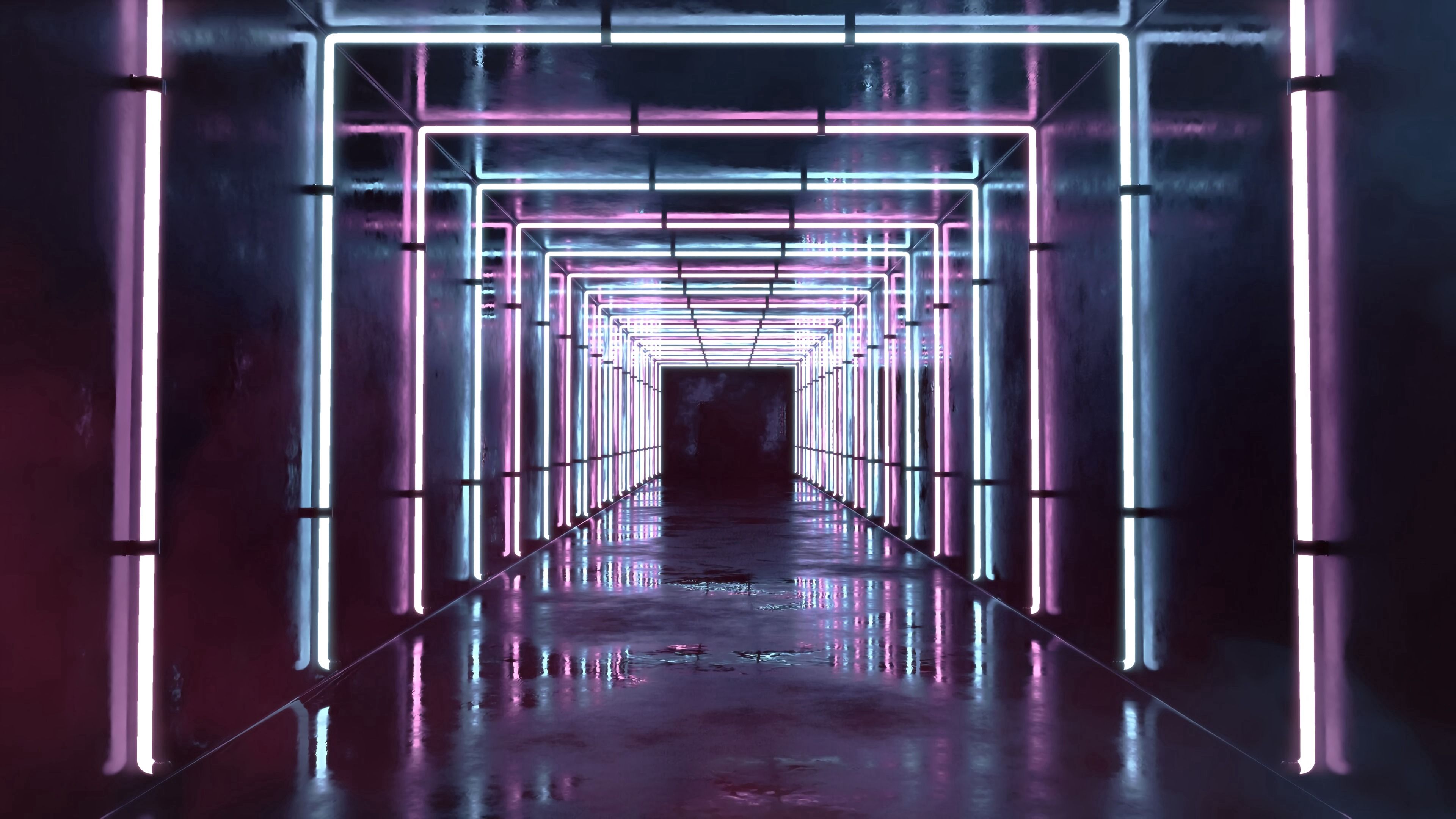 tunnel, neon, corridor, reflection, shine, light, miscellanea, miscellaneous