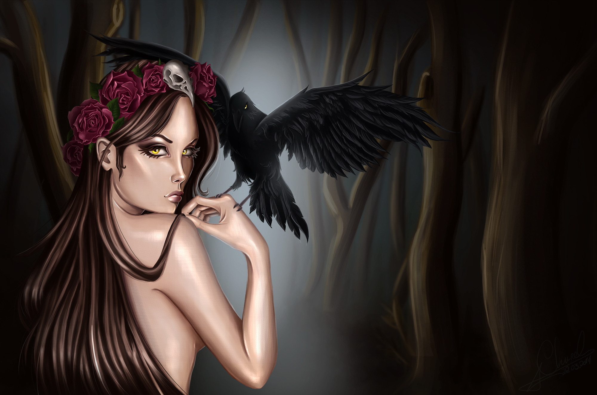 Free download wallpaper Fantasy, Gothic, Rose, Tree, Wreath, Raven, Women on your PC desktop