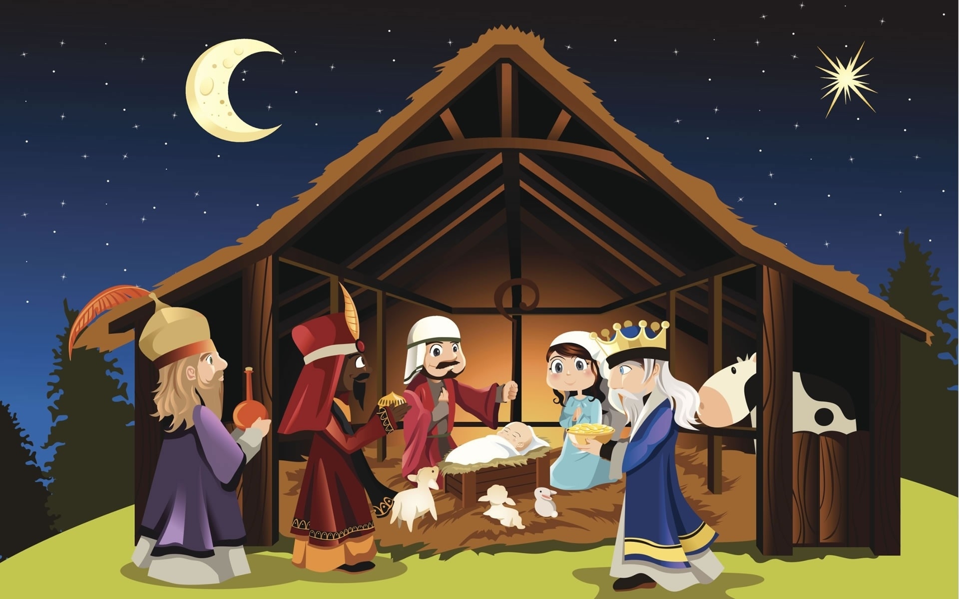 874599 скачать обои праздничные, рождество, корова, лес, иисус, мария (мать иисуса), луна, ночь, овца, звезды, три мудреца - заставки и картинки бесплатно