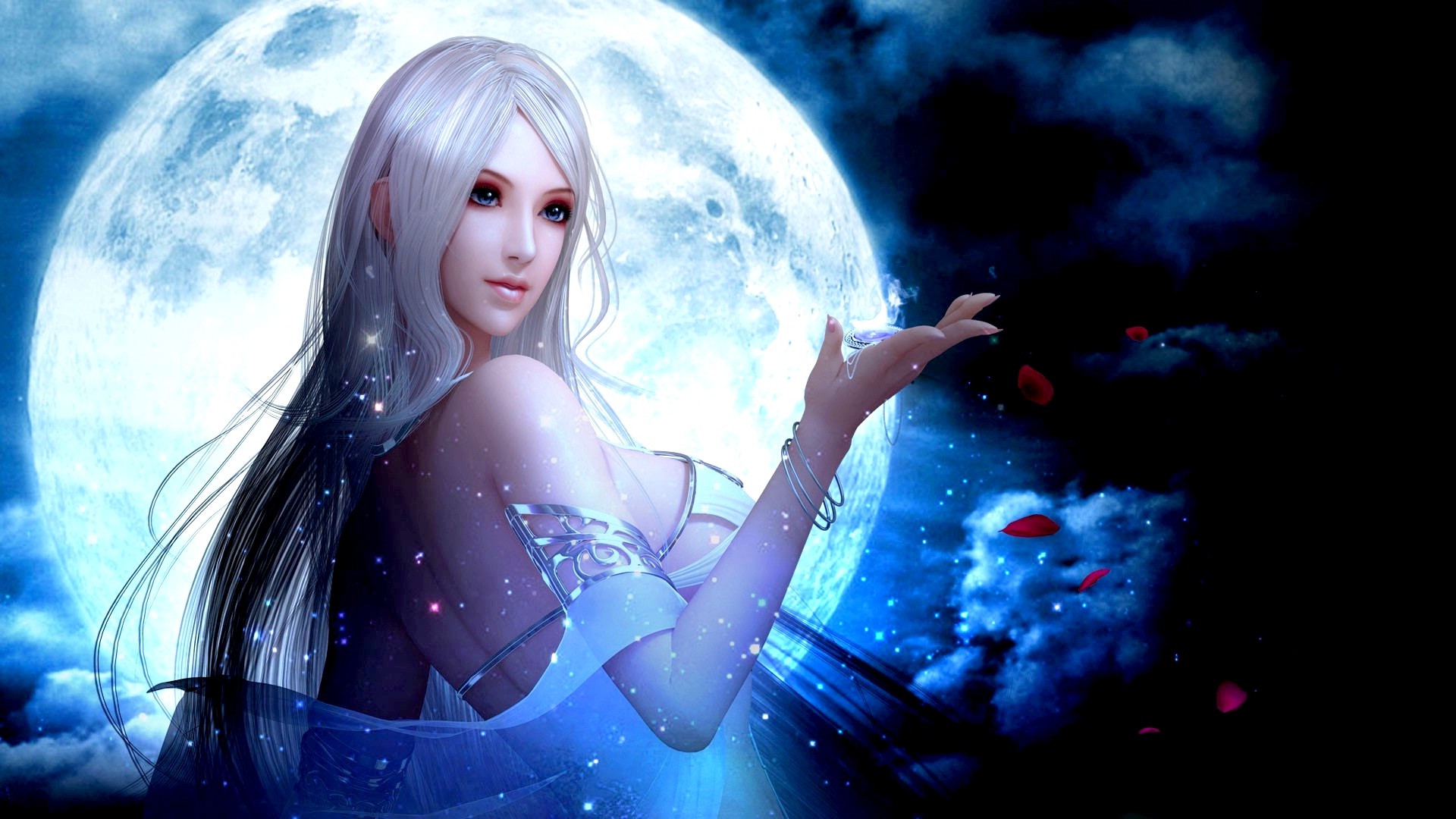 Descarga gratis la imagen Fantasía, Noche, Luna, Mujeres, Pelo Blanco en el escritorio de tu PC