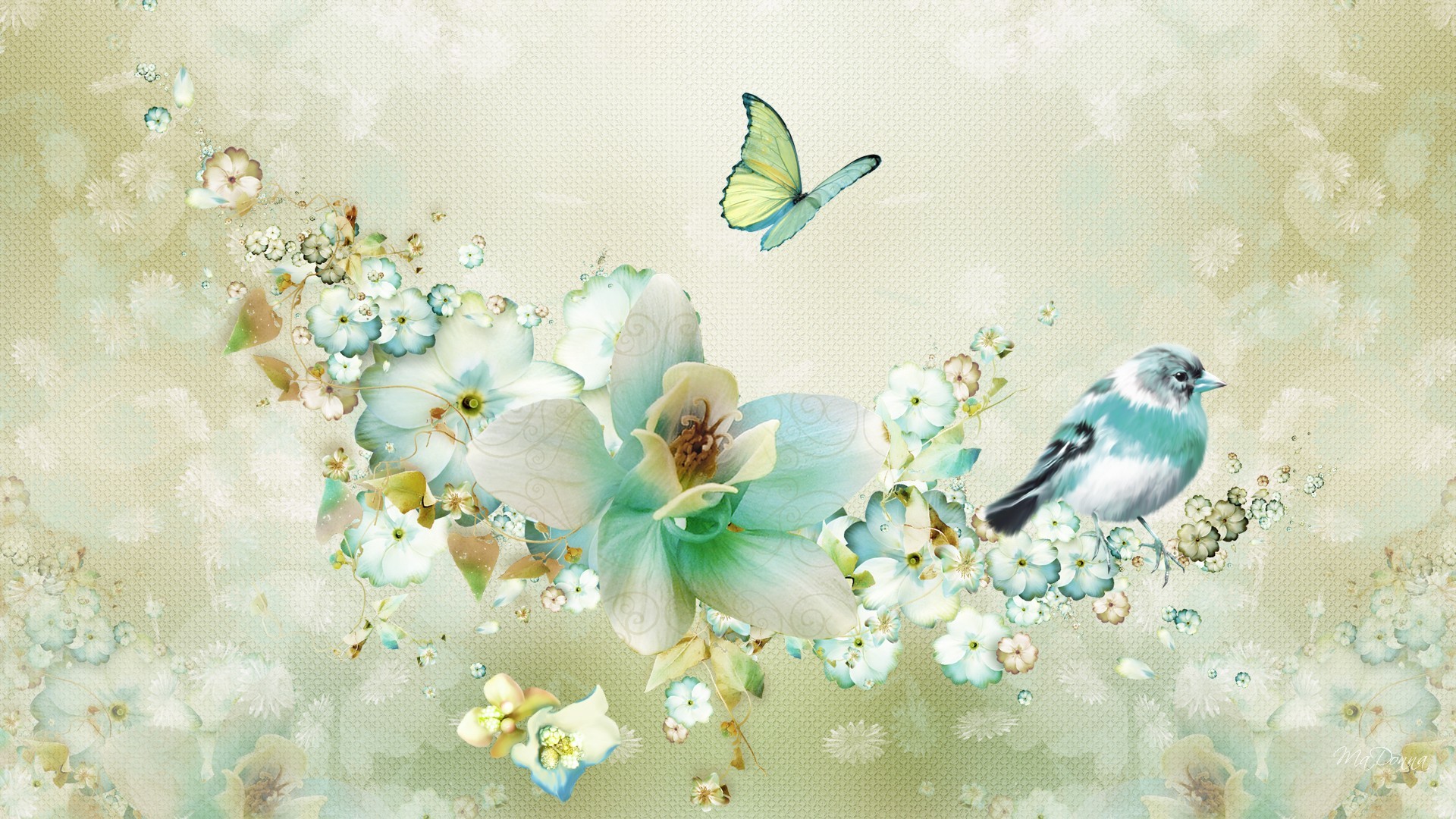 無料モバイル壁紙蝶, 鳥, 花, 青い, ビンテージ, コラージュ, レトロ, 春, 芸術的をダウンロードします。
