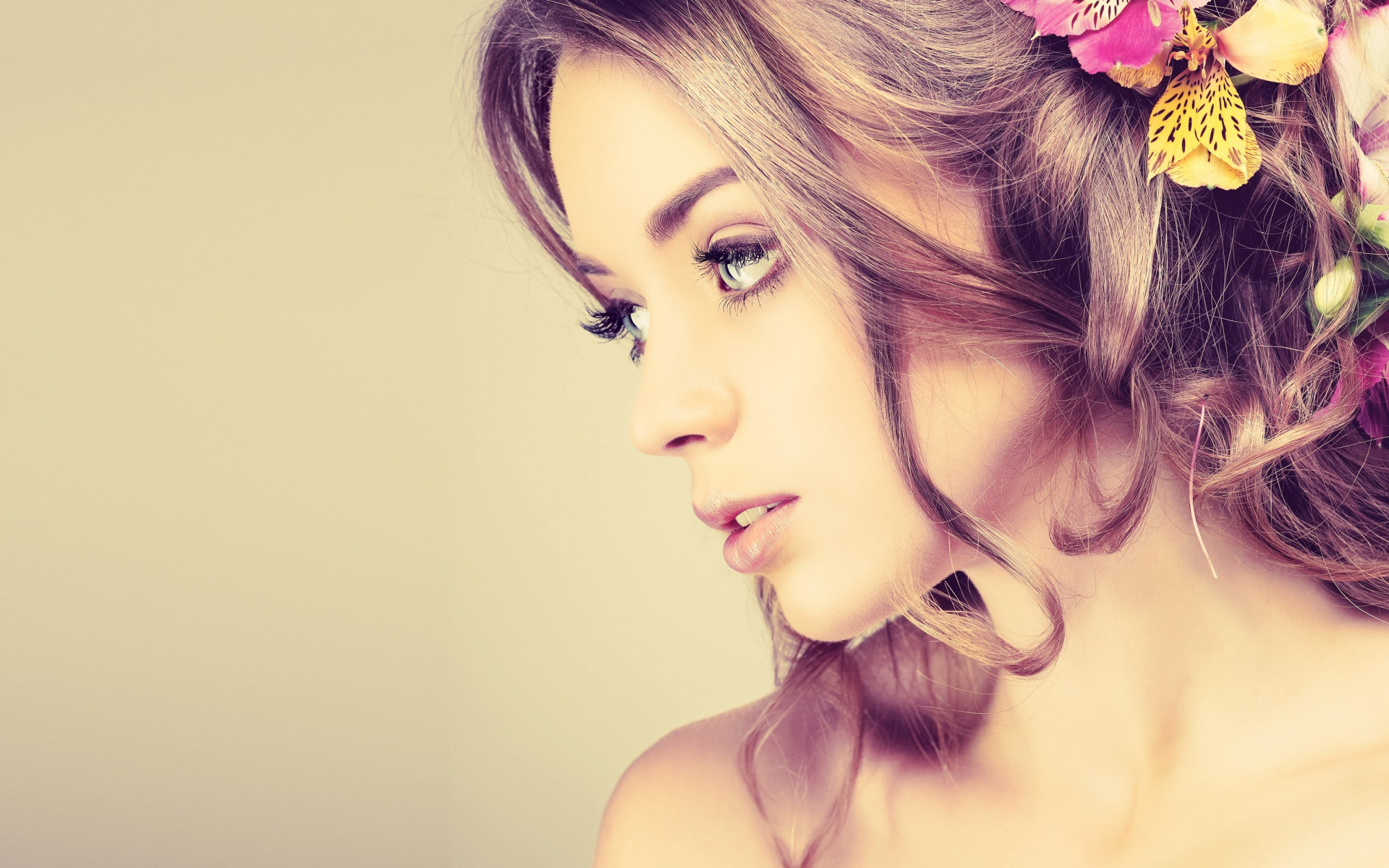Free download wallpaper Flower, Hair, Profile, Face, Women, Makeup on your PC desktop