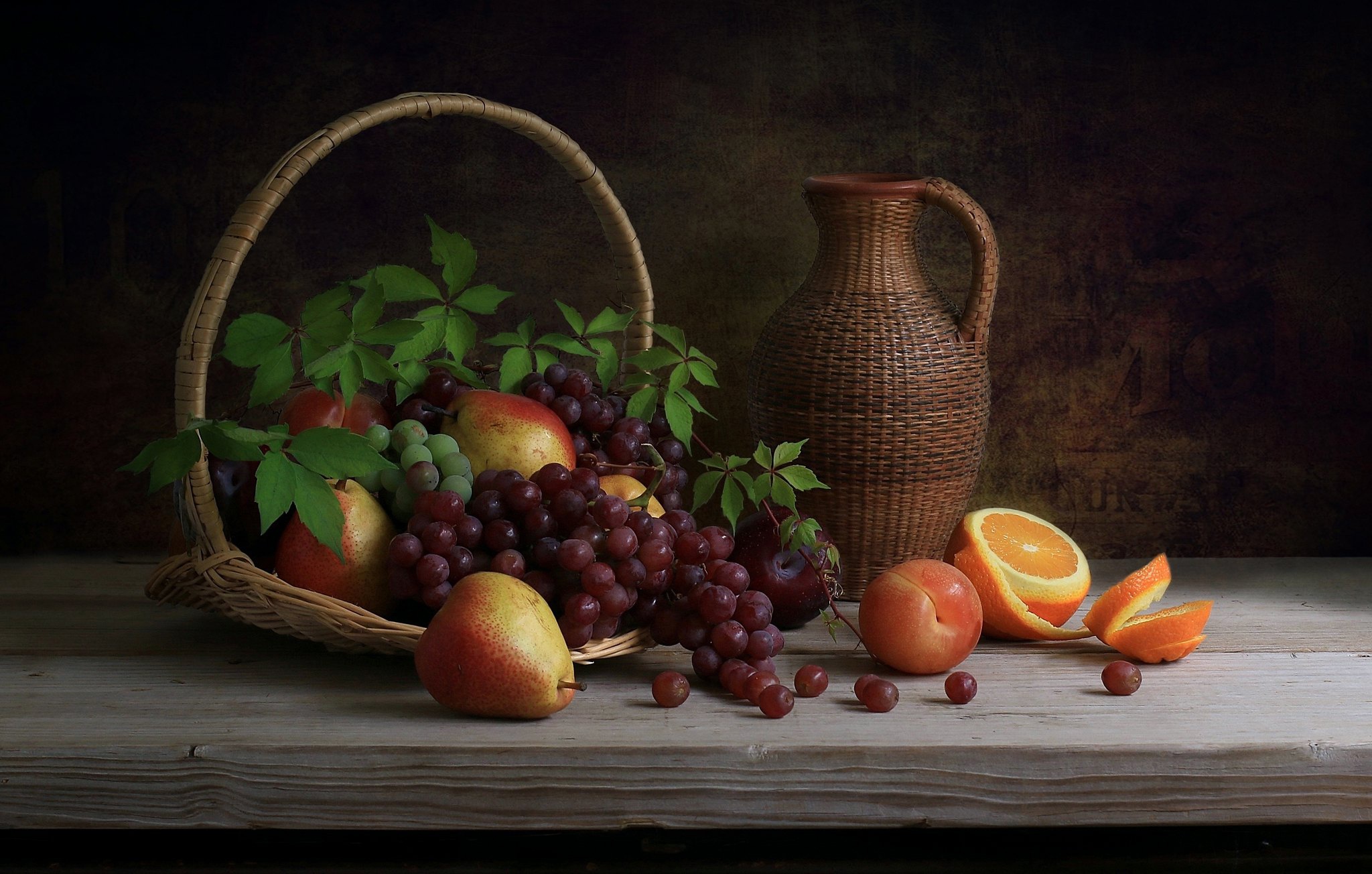 Download mobile wallpaper Food, Grapes, Still Life, Basket, Pear, Orange (Fruit), Pitcher for free.