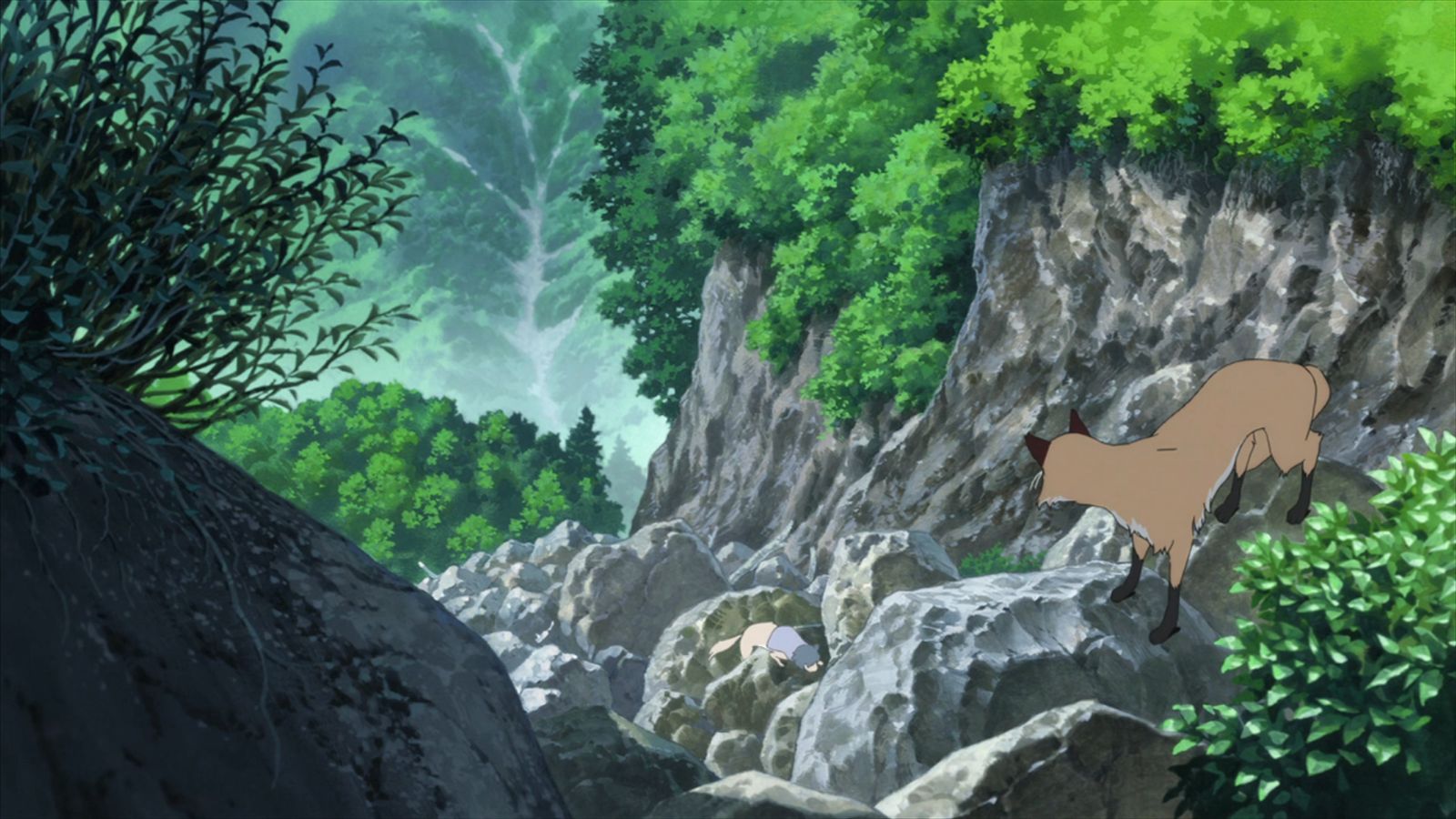 626154 скачать картинку аниме, волчьи дети амэ и юки, амэ (волчьи дети), высохшая река, лисица, ландшафт, гора - обои и заставки бесплатно
