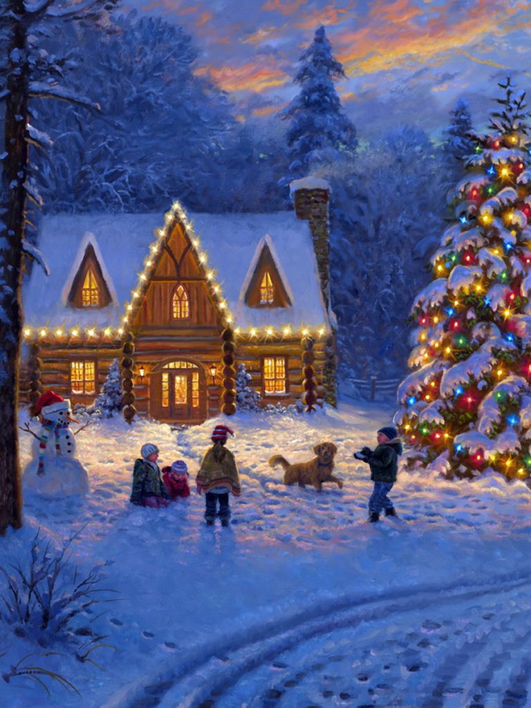 Handy-Wallpaper Feiertage, Schnee, Weihnachten, Schneemann, Haus, Kind, Weihnachtsbaum, Ferien, Feiertag kostenlos herunterladen.