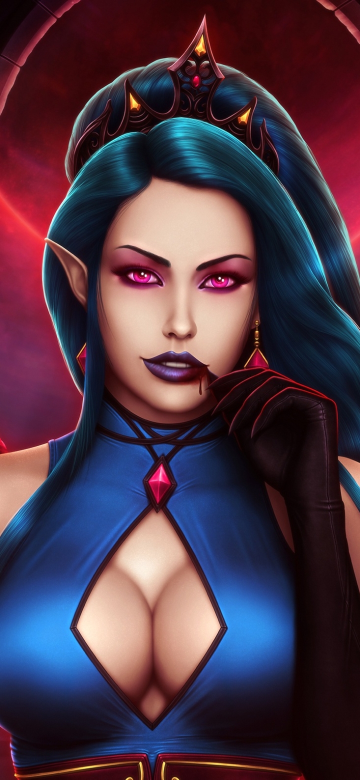 Download mobile wallpaper Fantasy, Demon, Blue Hair, Lipstick, Pink Eyes for free.