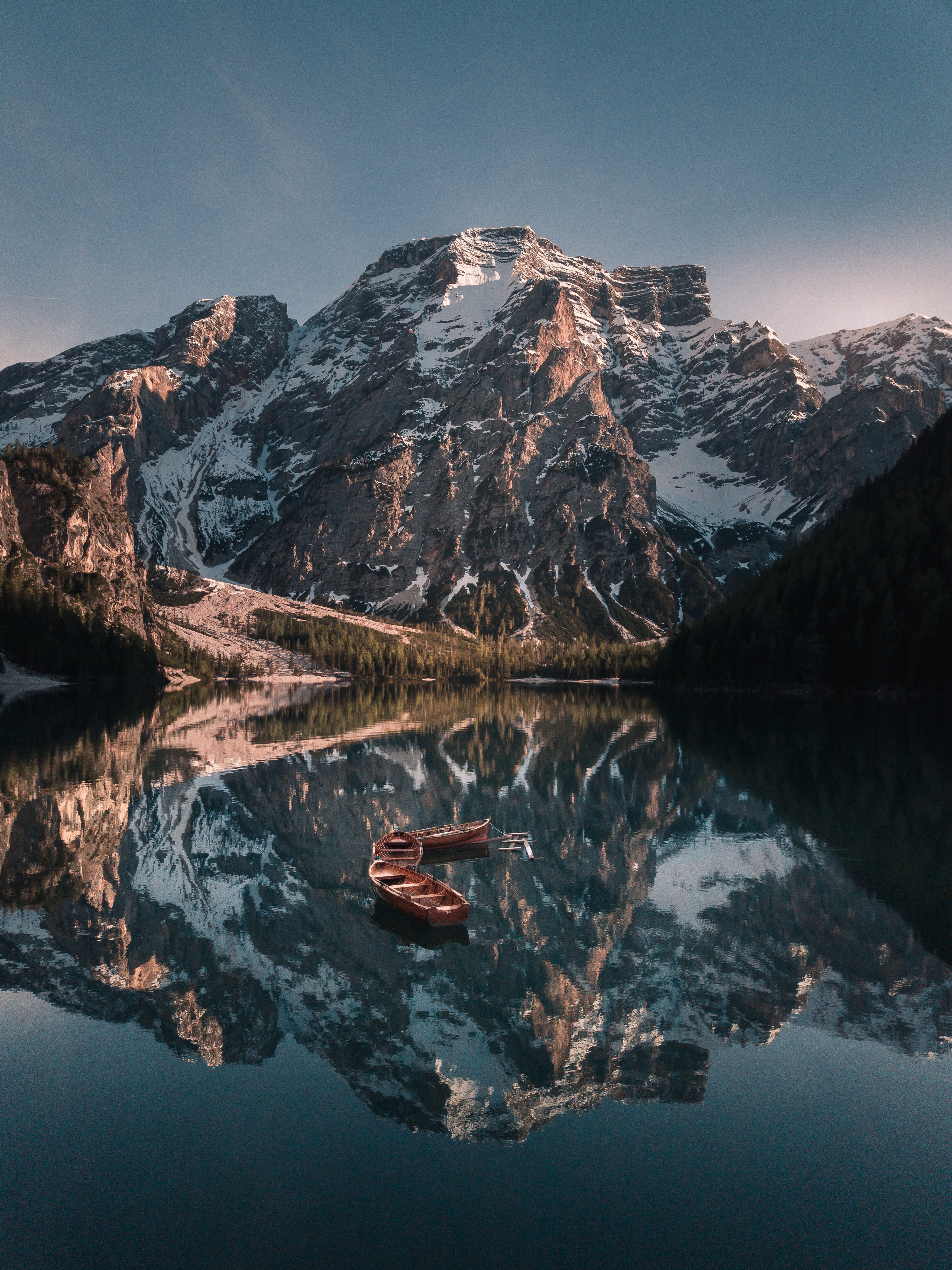 mountains, lake, reflection, landscape, nature, boats HD wallpaper