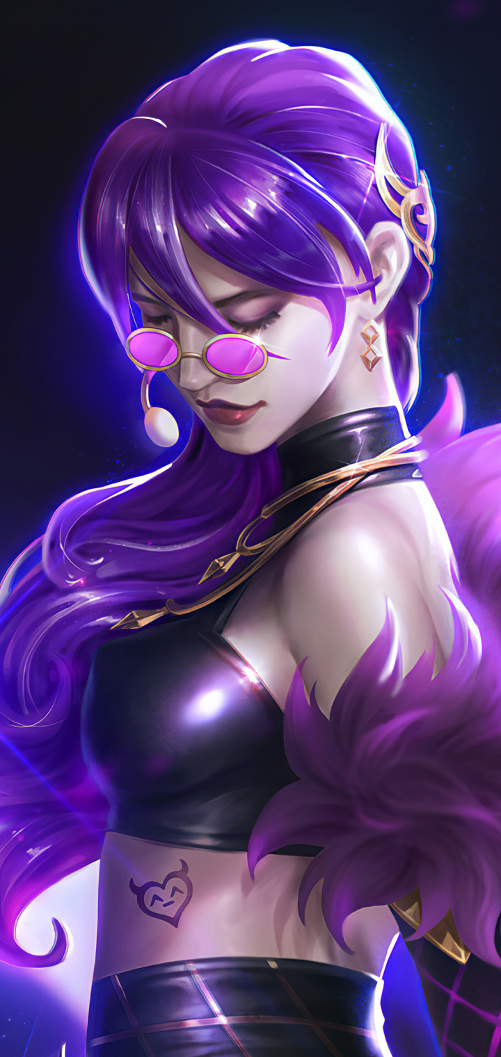 Descarga gratuita de fondo de pantalla para móvil de League Of Legends, Gafas De Sol, Pelo Largo, Videojuego, Cabello Purpura, Evelynn (Liga De Leyendas).