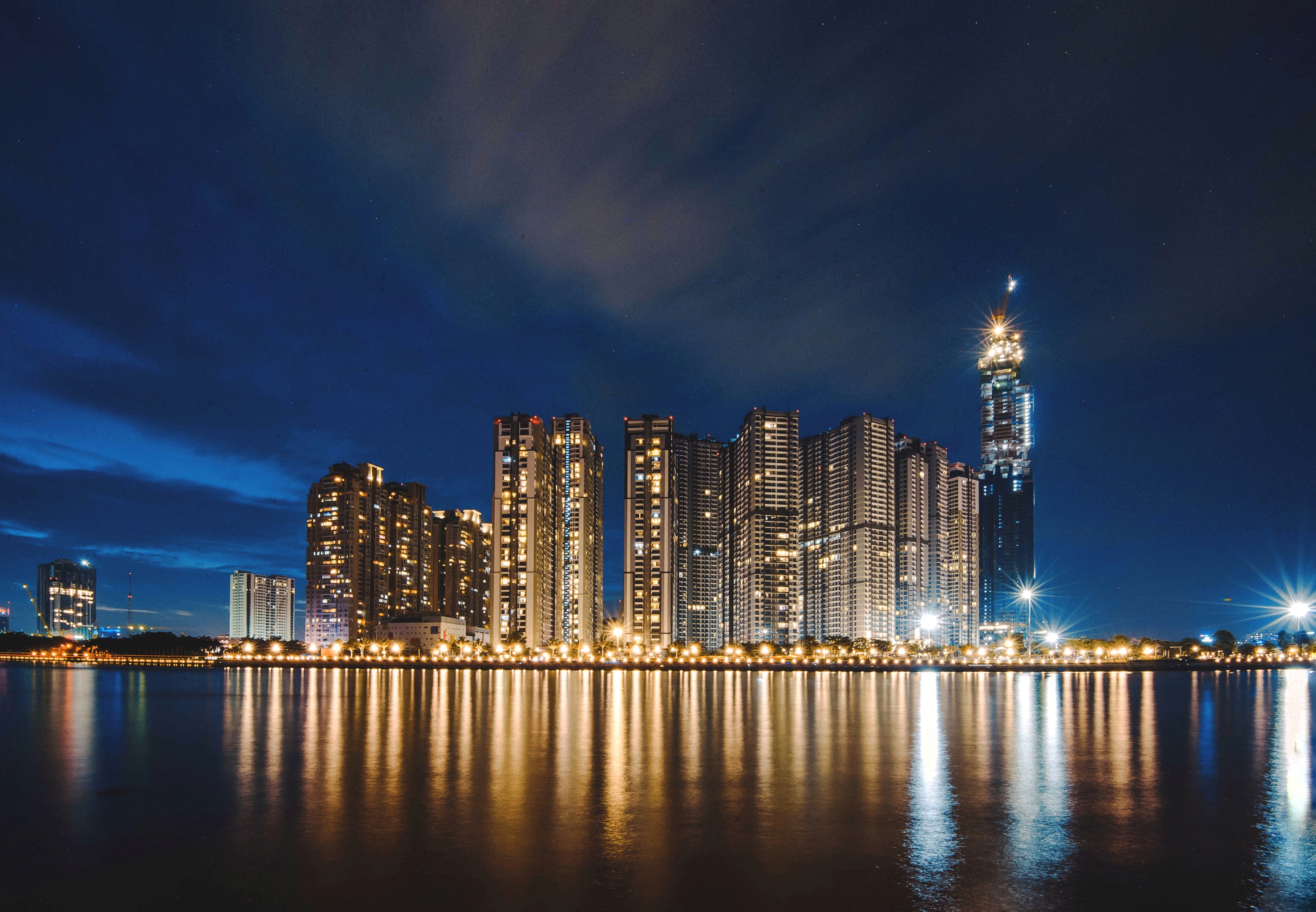 Download mobile wallpaper Shore, Bank, Cities, Panorama, Night City for free.