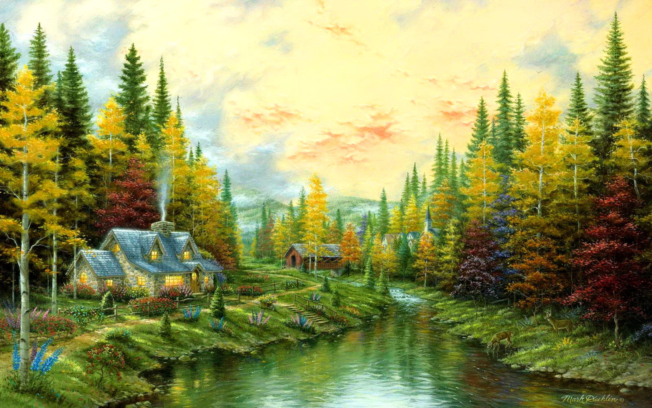 Download mobile wallpaper Forest, Tree, Fall, Painting, Artistic, River, Cottage for free.