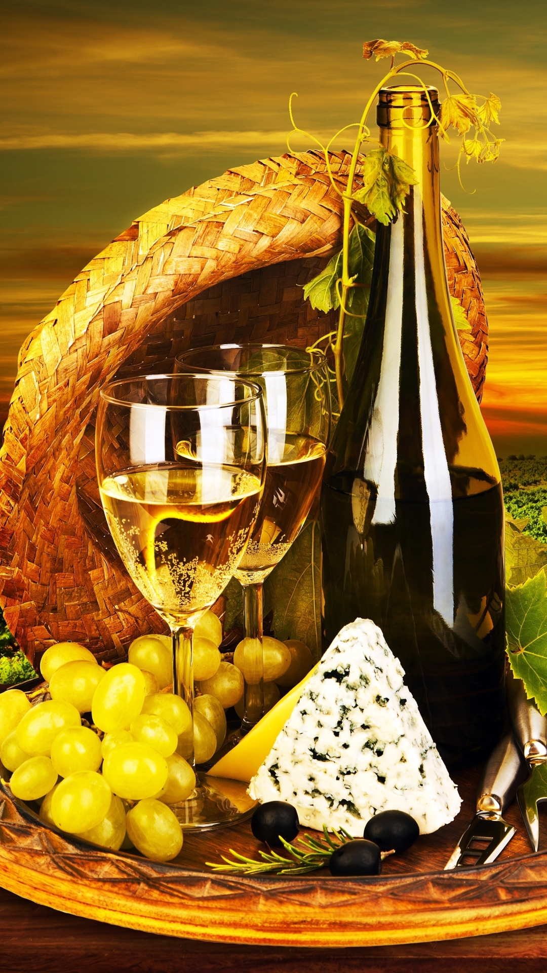 Download mobile wallpaper Food, Sun, Cheese, Grapes, Bottle, Vineyard, Wine for free.