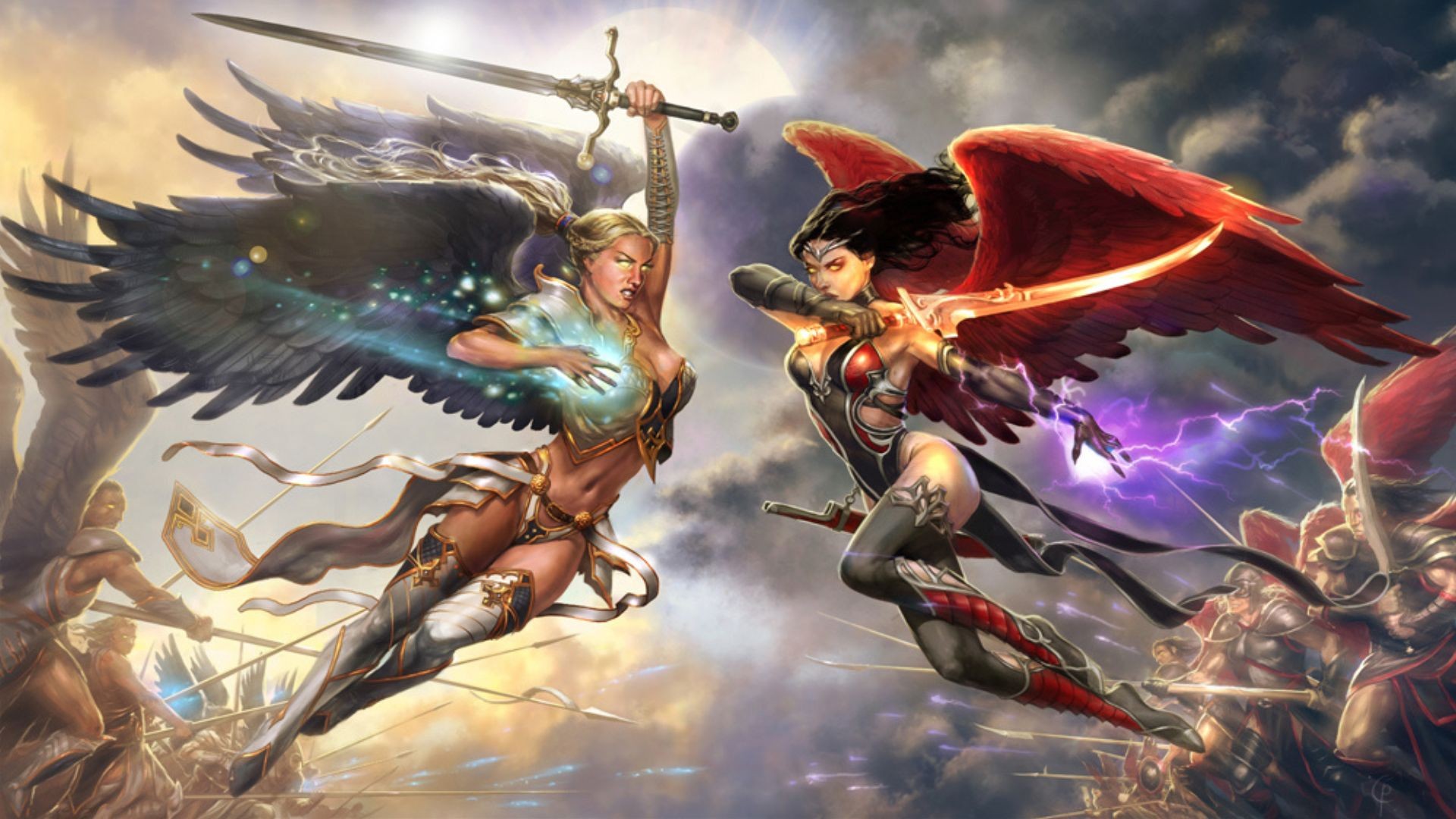 Download mobile wallpaper Magic, Fantasy, Wings, Angel, Sword, Woman Warrior, Angel Warrior, Good Vs Evil for free.