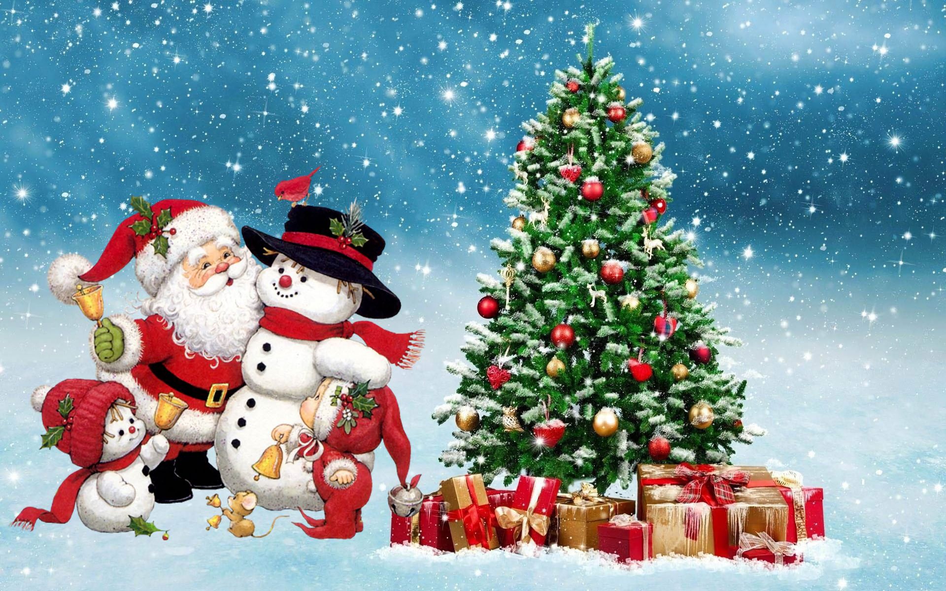 805231画像をダウンロードホリデー, クリスマス, クリスマスツリー, サンタ, 雪, 雪だるま-壁紙とスクリーンセーバーを無料で