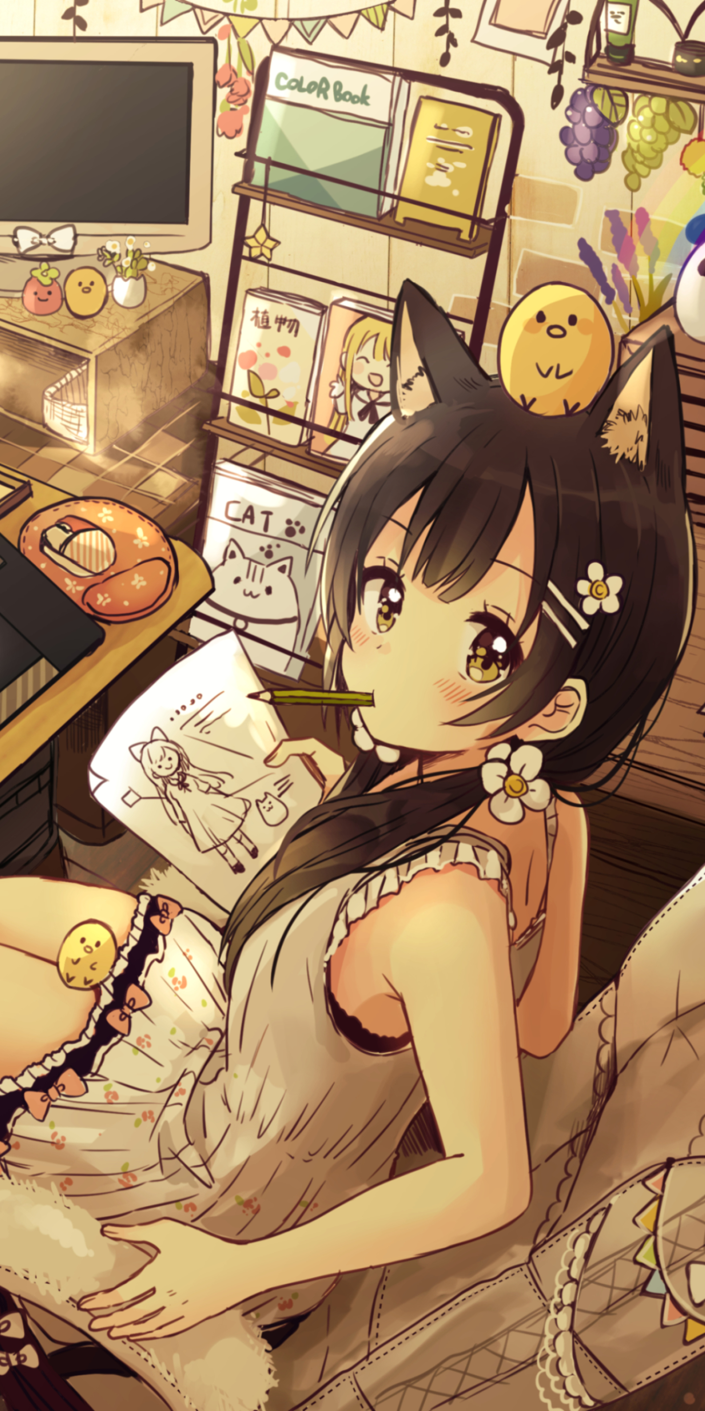 Download mobile wallpaper Anime, Chick, Original, Brown Eyes, Black Hair, Long Hair, Cat Girl for free.