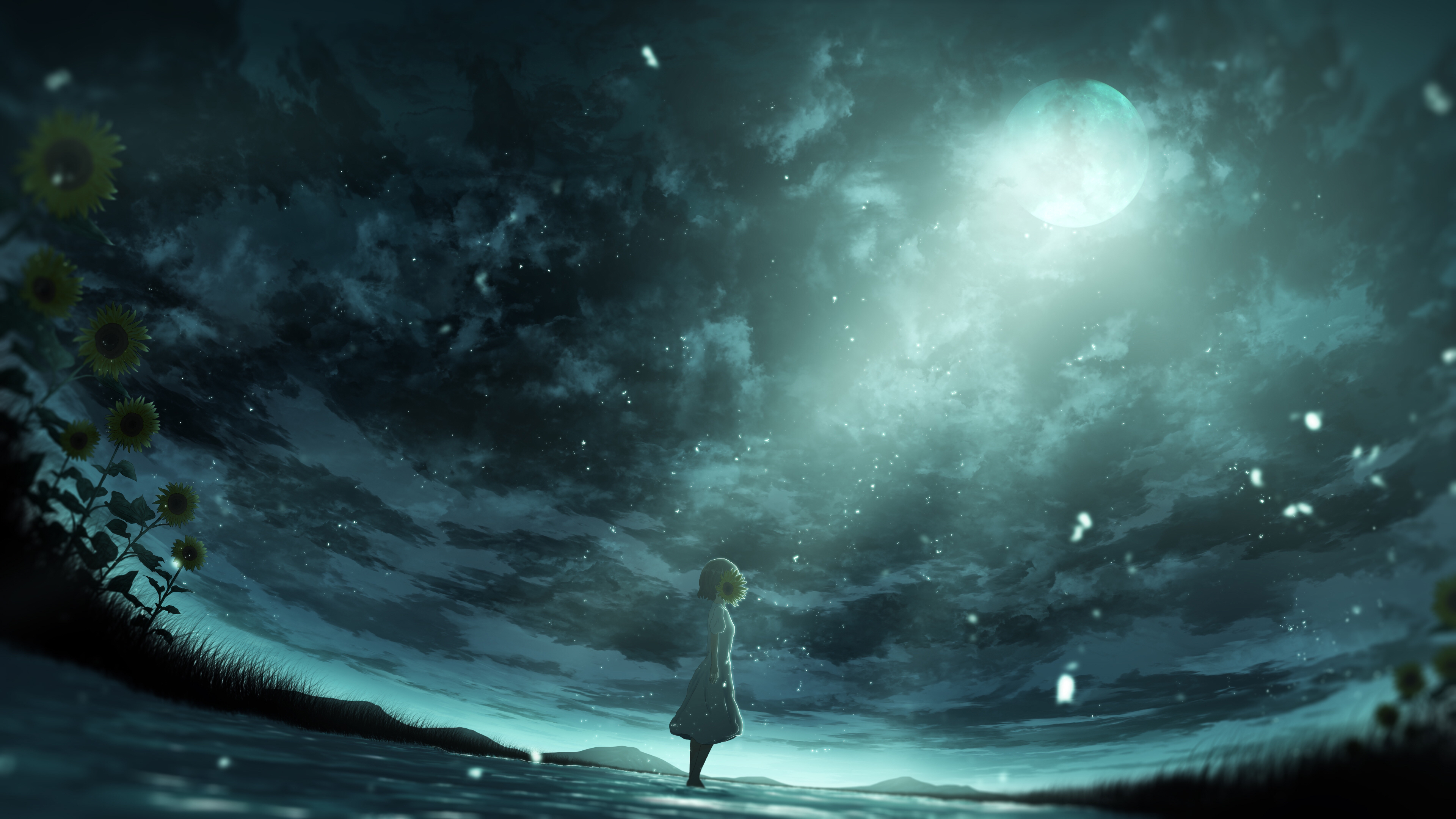 Download mobile wallpaper Anime, Night, Moon, Sunflower, Short Hair for free.