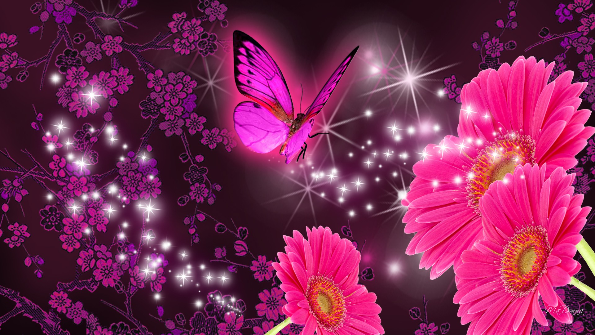 Free download wallpaper Flowers, Flower, Butterfly, Artistic, Gerbera, Daisy, Sparkles on your PC desktop