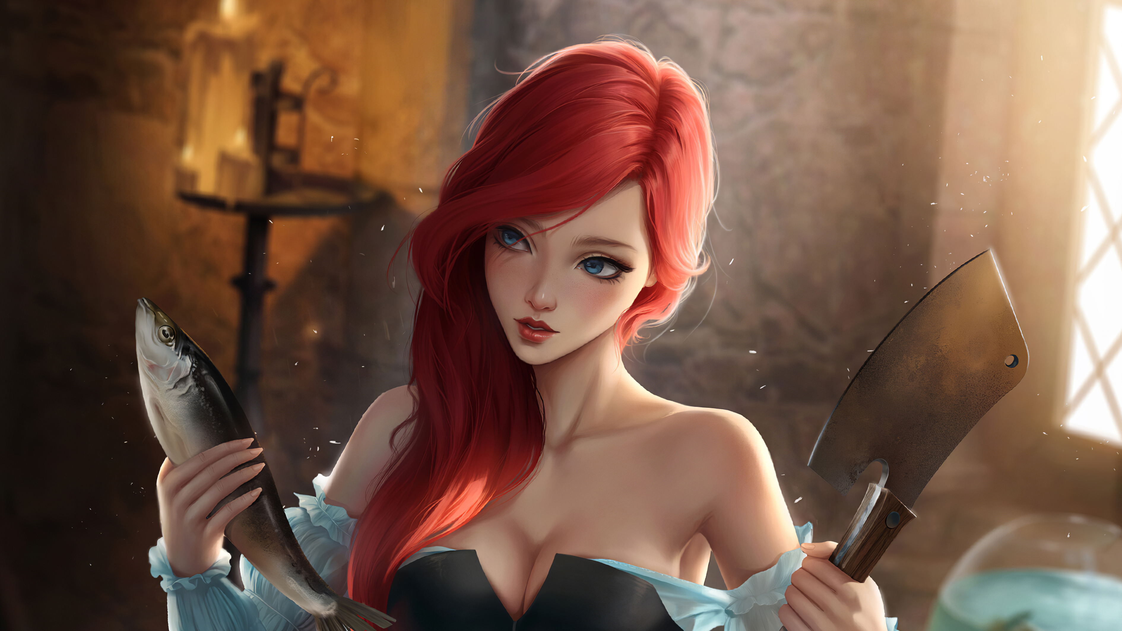 Download mobile wallpaper Fantasy, Fish, Women, Knife, Blue Eyes, Red Hair, Cleaver for free.