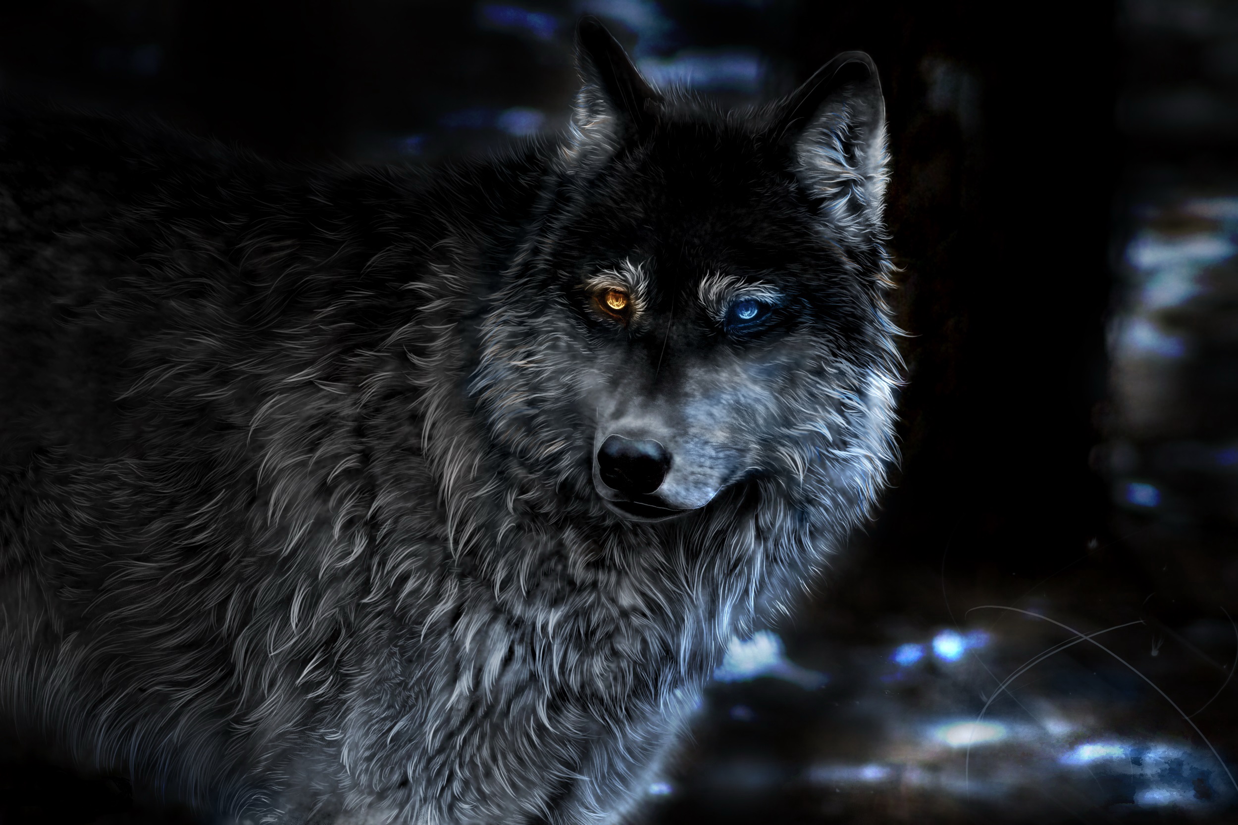 Laden Sie das Fantasie, Dunkel, Wolf, Heterochromie, Fantasietiere-Bild kostenlos auf Ihren PC-Desktop herunter