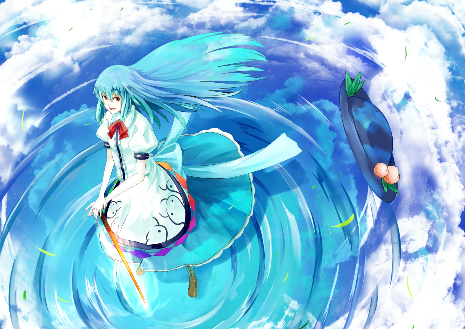 anime, touhou, blue hair, cloud, hat, long hair, sky, smile, sword, tenshi hinanawi