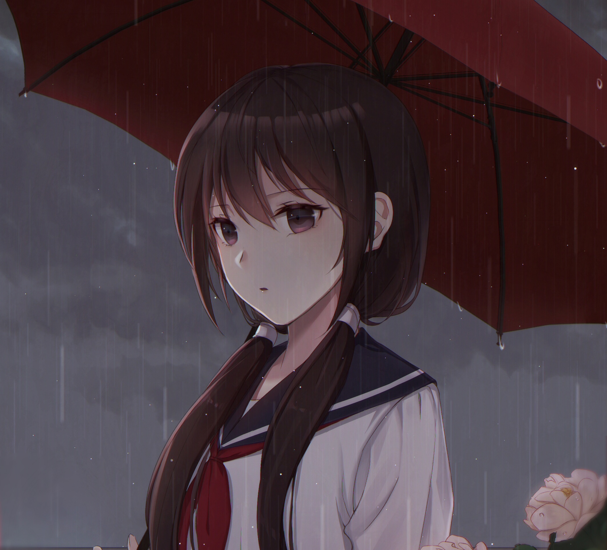 Free download wallpaper Anime, Rain, Umbrella, Original, Long Hair, Brown Hair, Twintails on your PC desktop