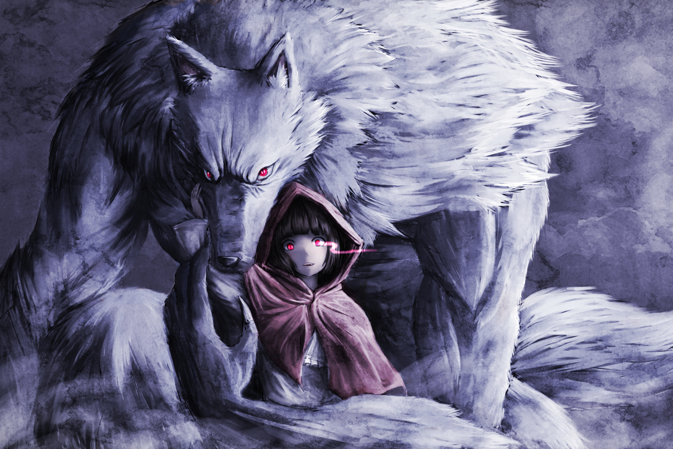 Download mobile wallpaper Fantasy, Wolf, Child, Hood, Red Eyes, Red Riding Hood for free.