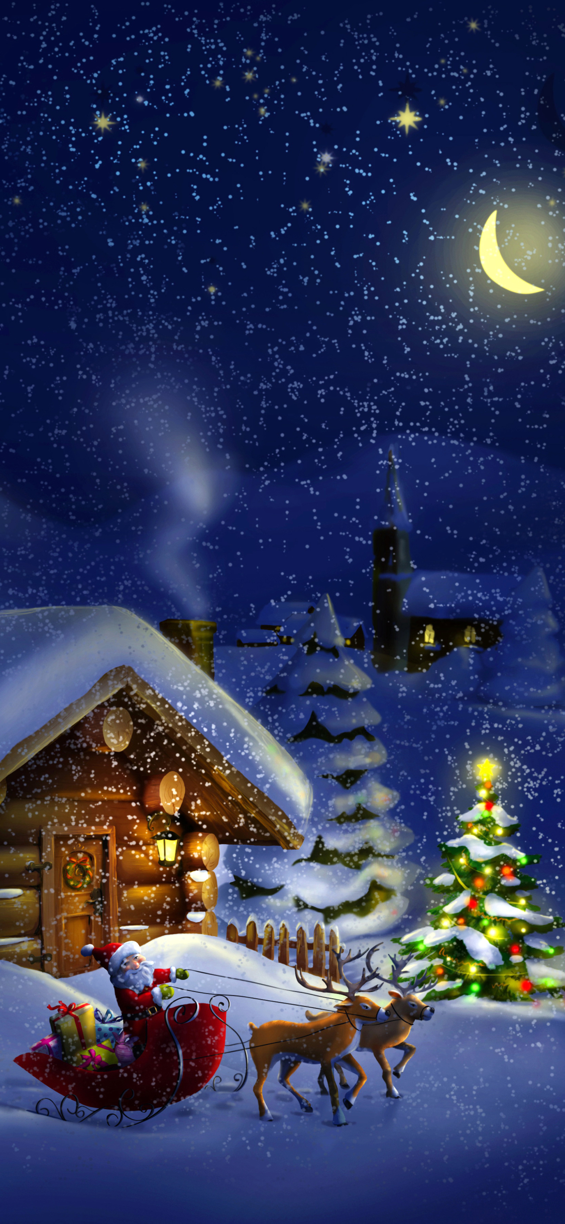 1289428 Hintergrundbild herunterladen weihnachtsbaum, rentier, weihnachten, weihnachtsmann, feiertage, hütte, kabine, schnee, schneefall, schlitten, nacht - Bildschirmschoner und Bilder kostenlos