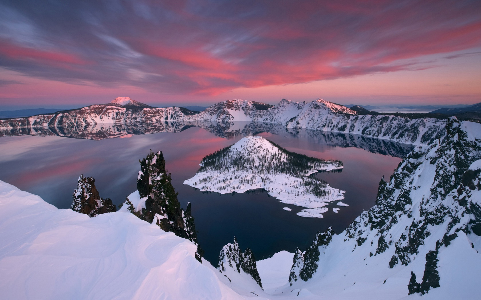 earth, crater lake, lake, mountain, sky, snow, sunset, winter