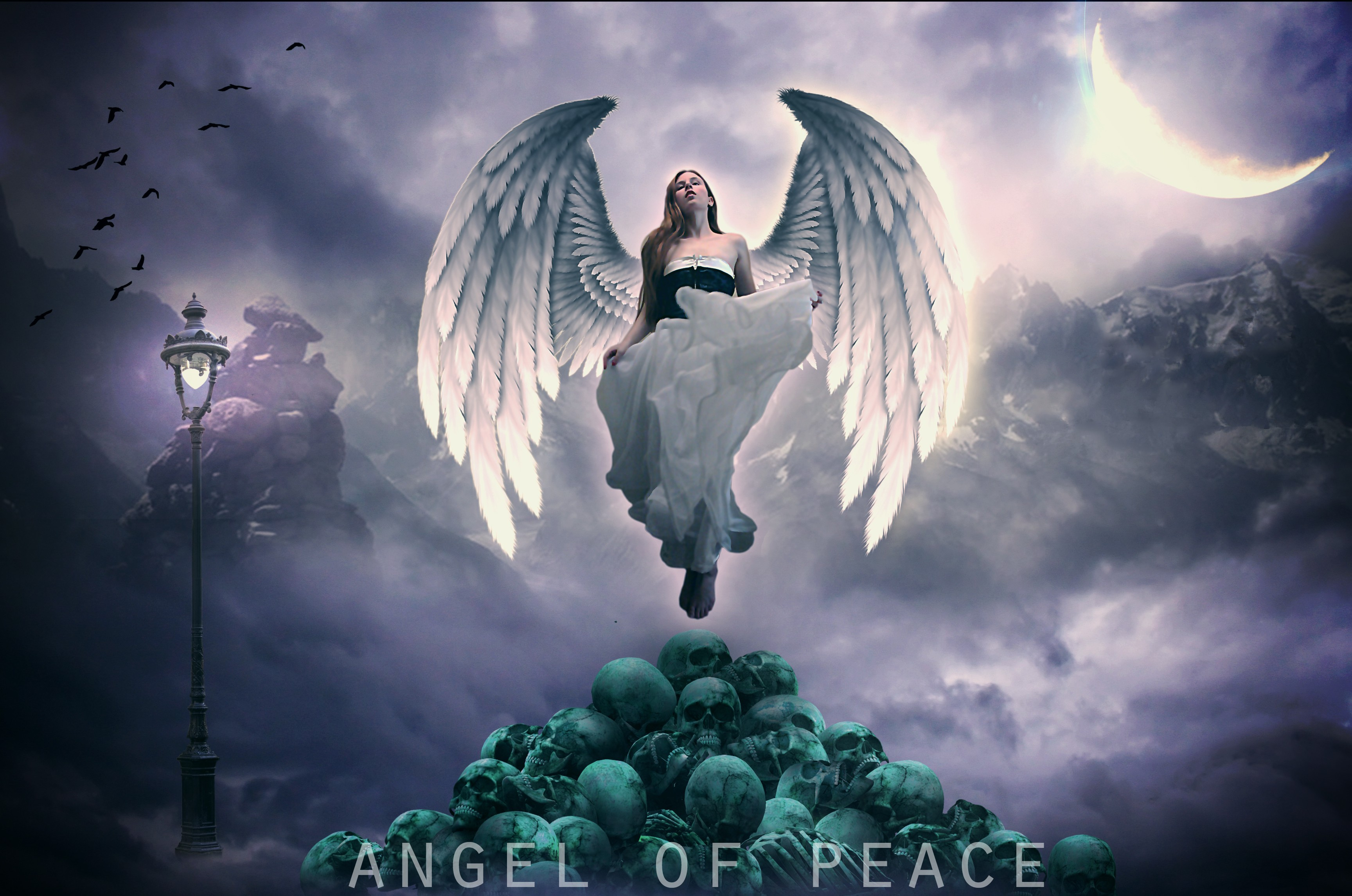 Download mobile wallpaper Fantasy, Moon, Angel, Skull for free.