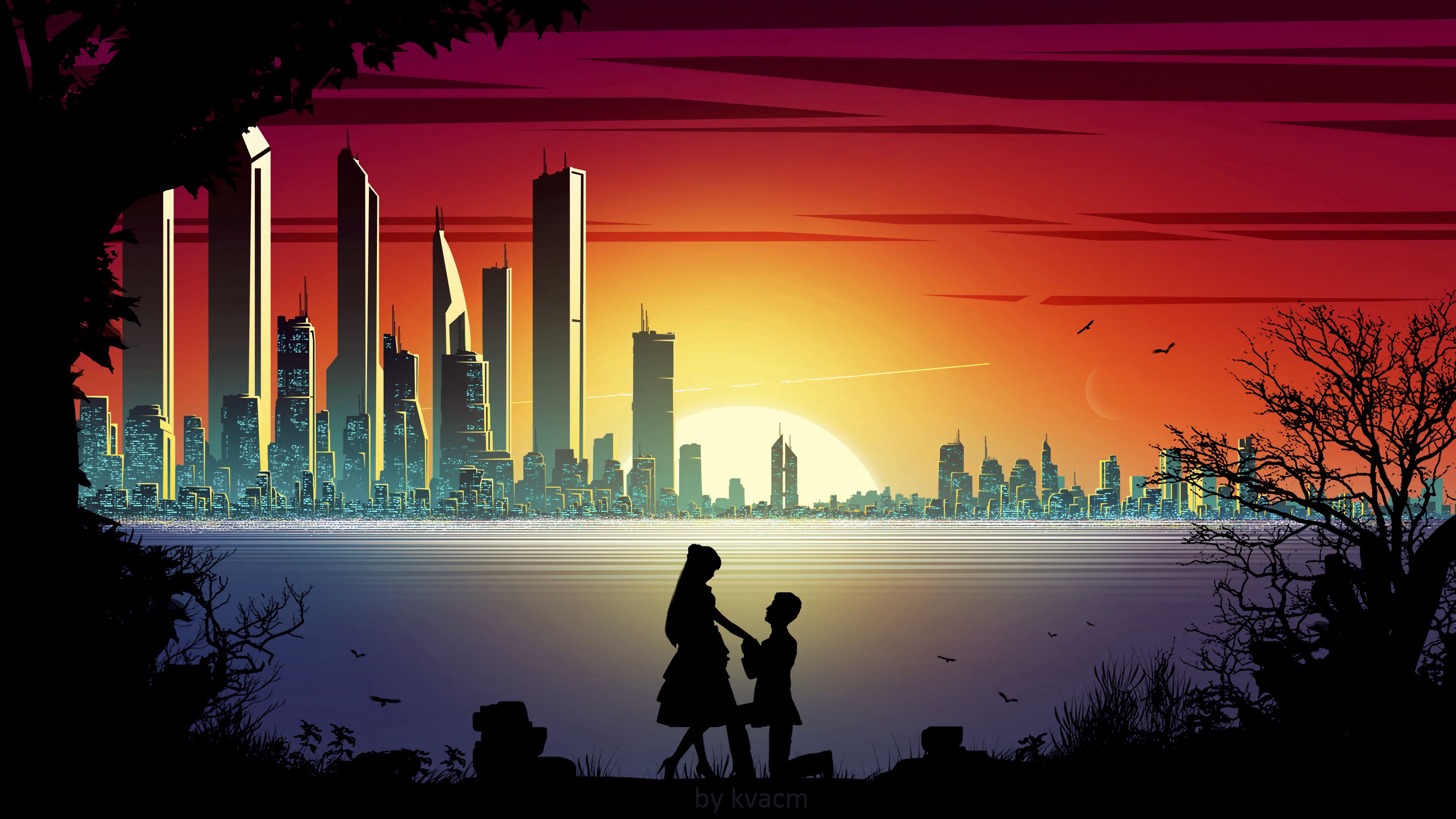 romance, silhouettes, love, art, sunset, city for android