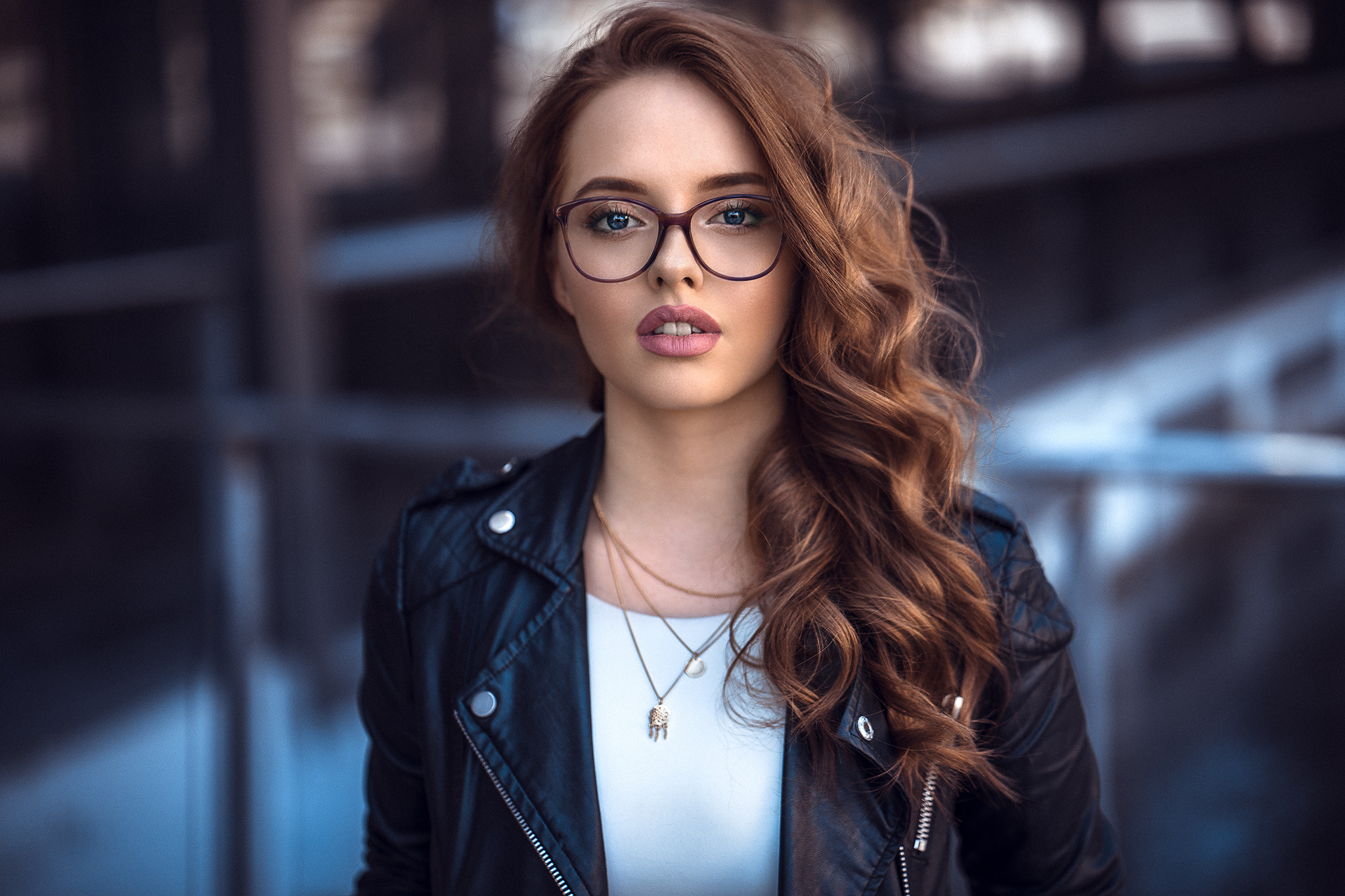 Download mobile wallpaper Redhead, Glasses, Model, Women, Blue Eyes, Long Hair, Depth Of Field, Leather Jacket for free.
