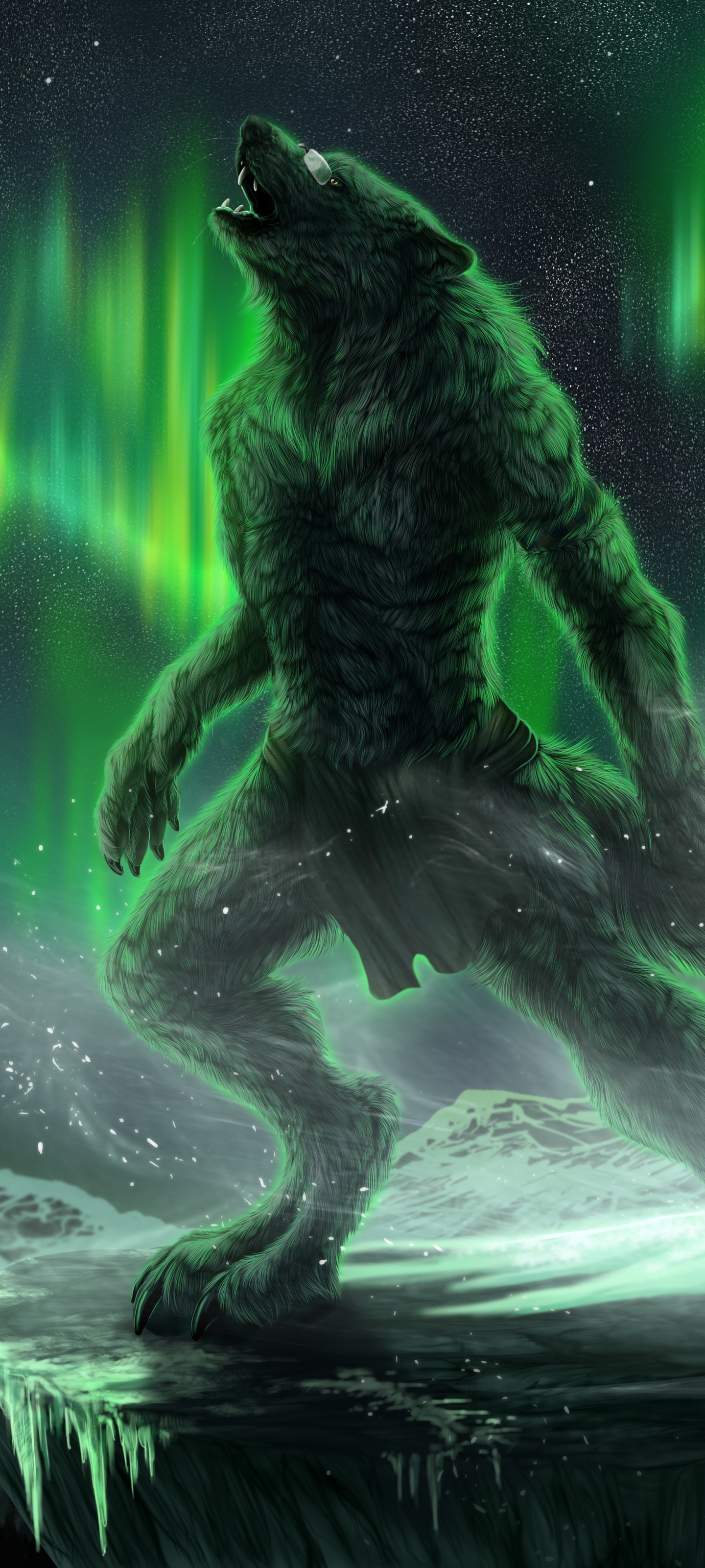 Download mobile wallpaper Night, Dark, Aurora Borealis, Creature, Werewolf for free.