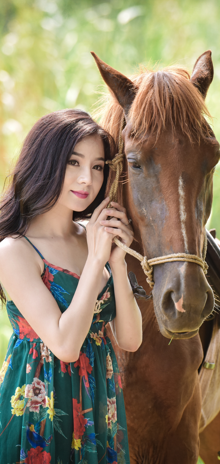 Download mobile wallpaper Horse, Dress, Brunette, Model, Women, Asian, Brown Eyes for free.